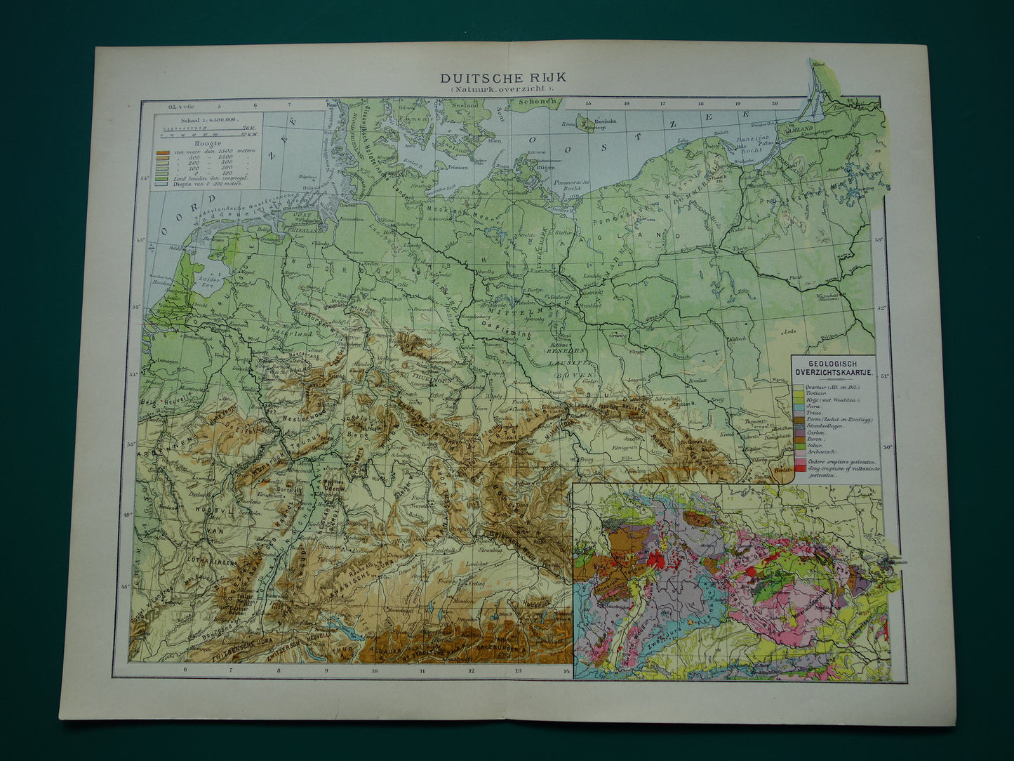 DUITSLAND oude hoogtekaart en geologische kaart van Duitse Rijk uit 1907 originele antieke Nederlandse landkaart Geologie