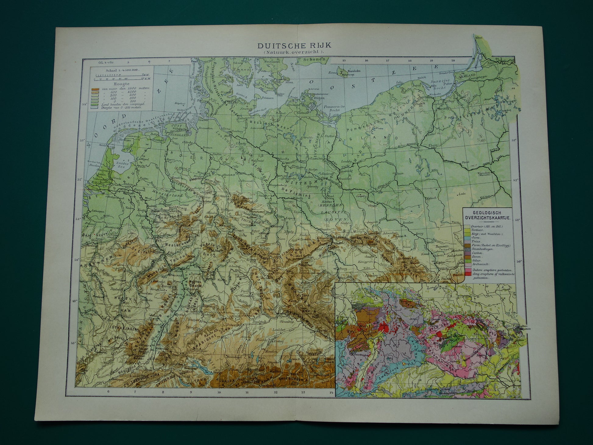 DUITSLAND oude hoogtekaart en geologische kaart van Duitse Rijk uit 1907 originele antieke Nederlandse landkaart Geologie