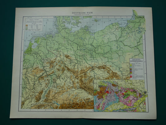 DUITSLAND oude hoogtekaart en geologische kaart van Duitse Rijk uit 1907 originele antieke Nederlandse landkaart Geologie