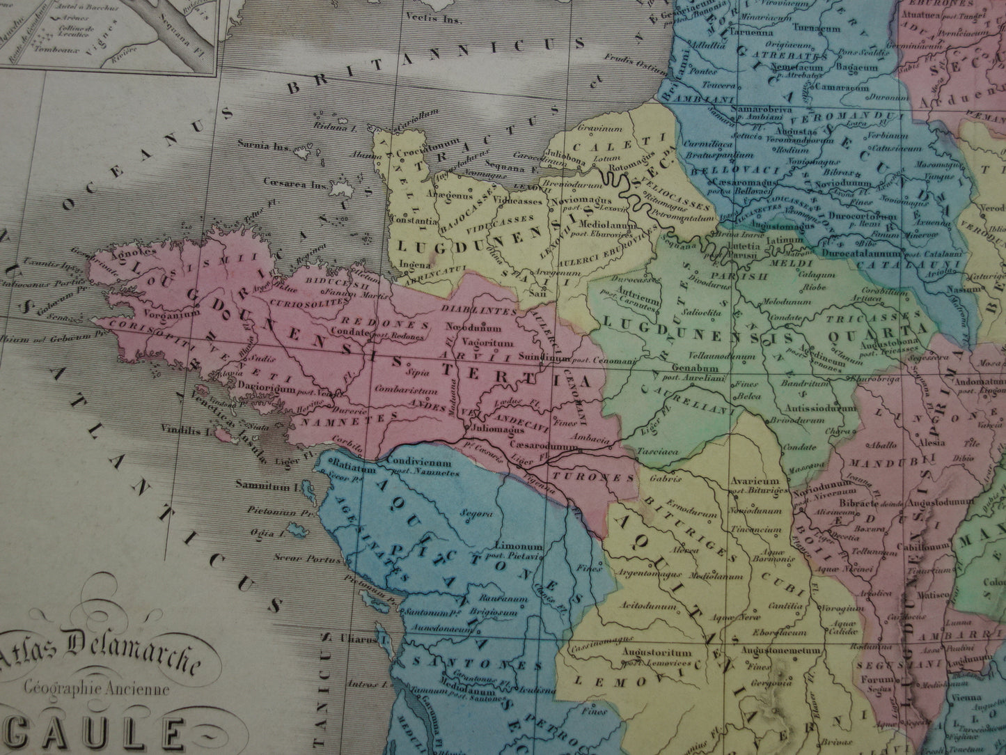 Old map of France in classical antiquity Gaul from 1859 Original antique map with conquests Julius Ceasar Limes