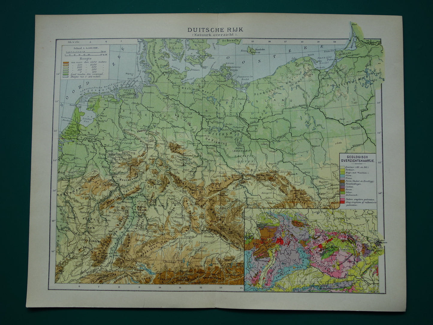 DUITSLAND oude hoogtekaart en geologische kaart van Duitse Rijk uit 1907 originele antieke Nederlandse landkaart Geologie