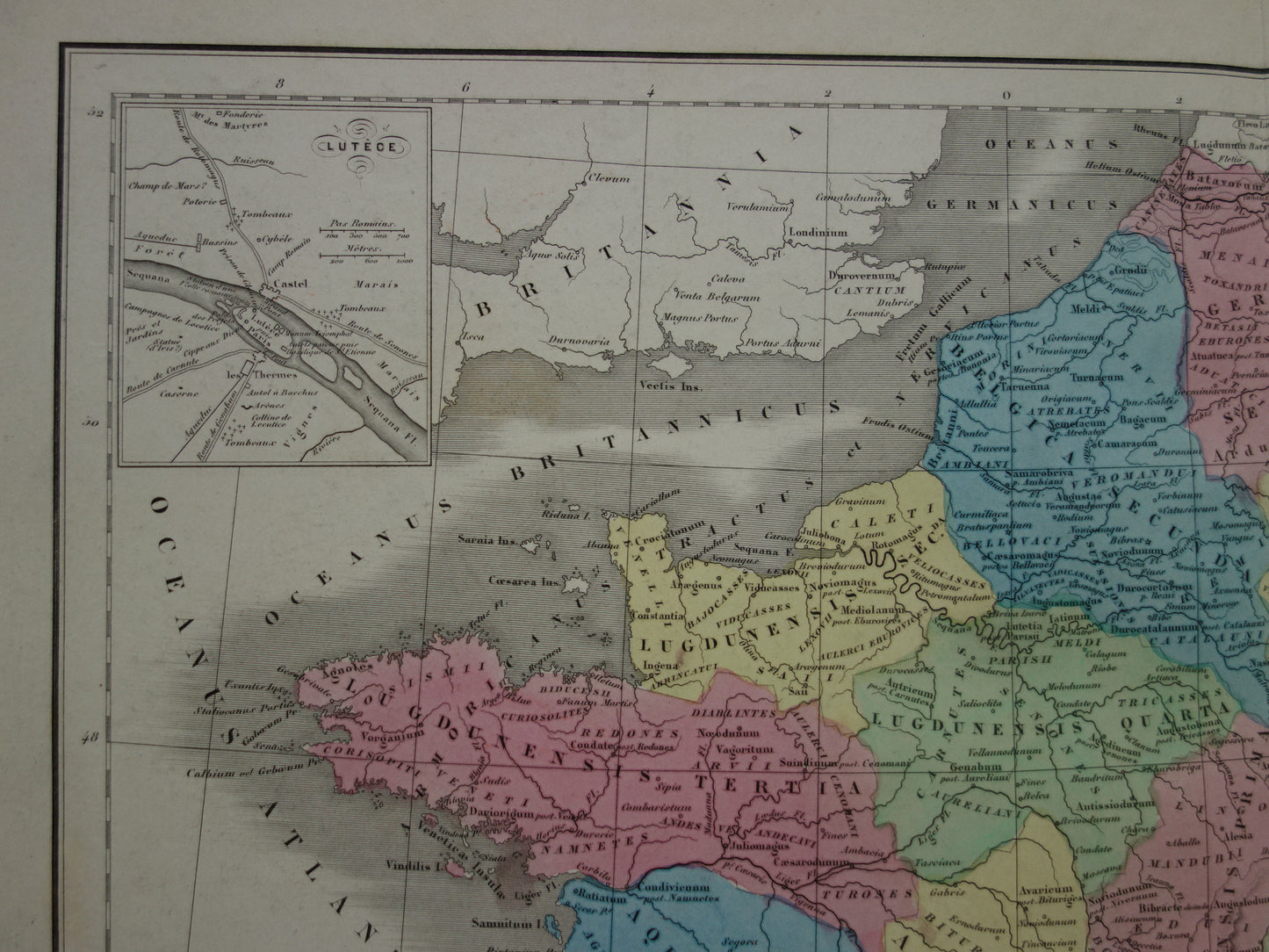 Old map of France in classical antiquity Gaul from 1859 Original antique map with conquests Julius Ceasar Limes