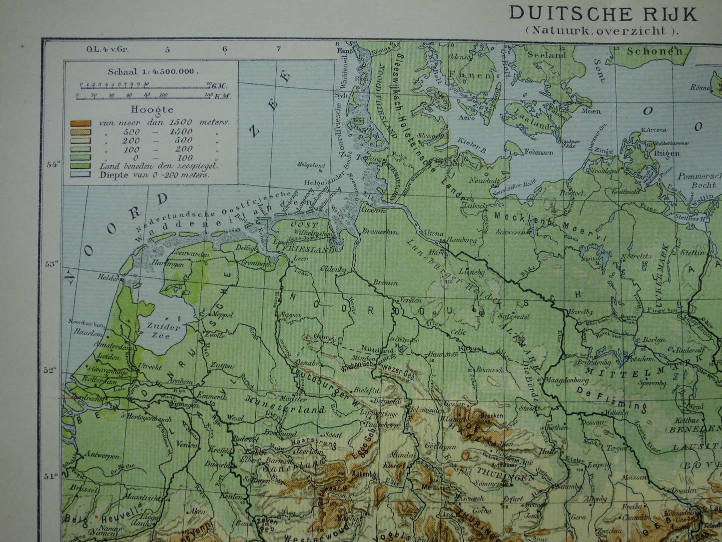 DUITSLAND oude hoogtekaart en geologische kaart van Duitse Rijk uit 1907 originele antieke Nederlandse landkaart Geologie