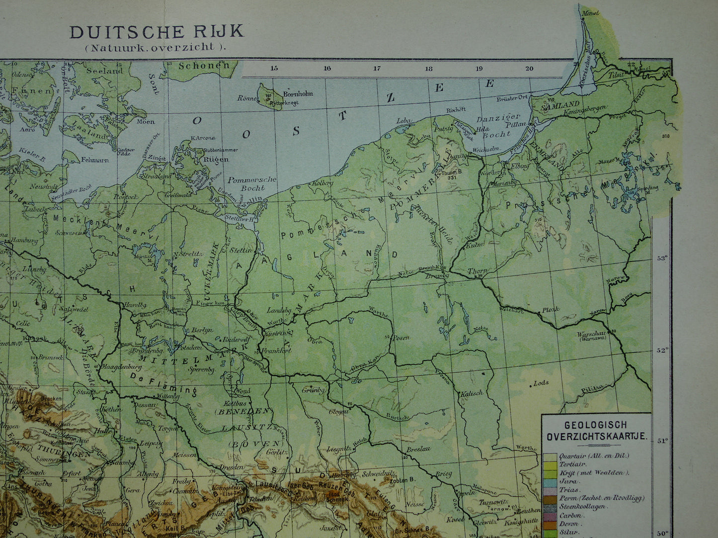 DUITSLAND oude hoogtekaart en geologische kaart van Duitse Rijk uit 1907 originele antieke Nederlandse landkaart Geologie