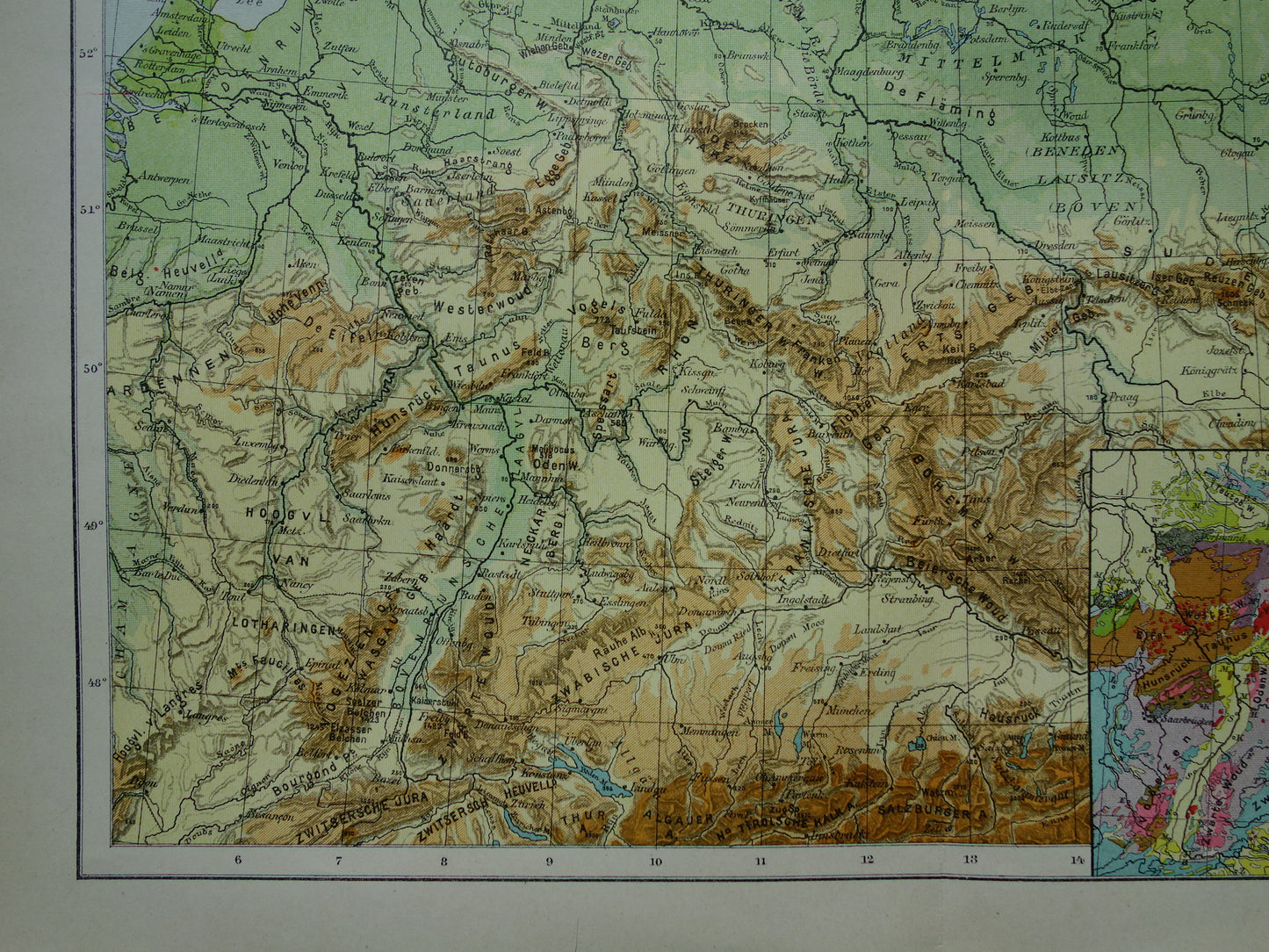 DUITSLAND oude hoogtekaart en geologische kaart van Duitse Rijk uit 1907 originele antieke Nederlandse landkaart Geologie