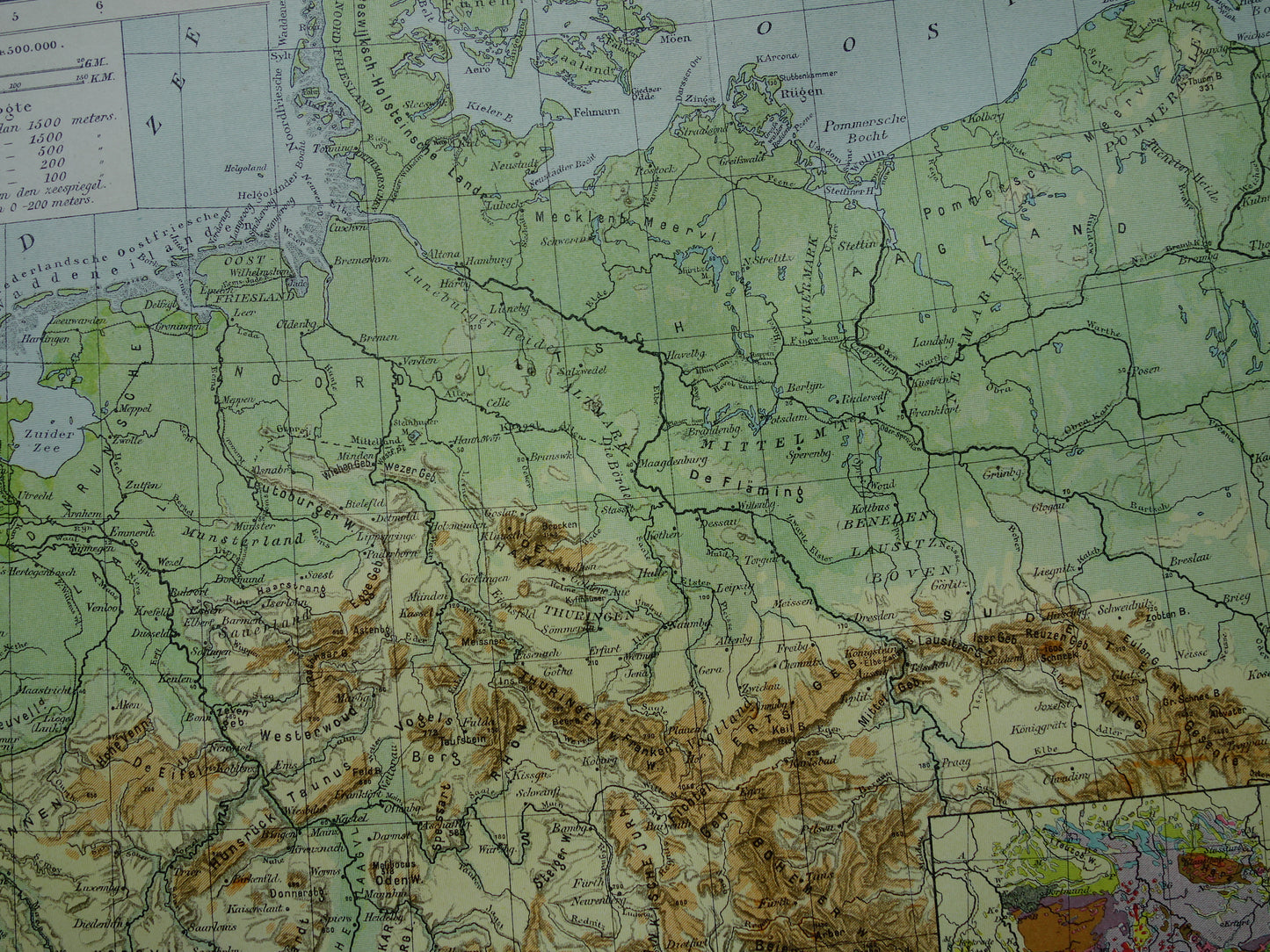 DUITSLAND oude hoogtekaart en geologische kaart van Duitse Rijk uit 1907 originele antieke Nederlandse landkaart Geologie