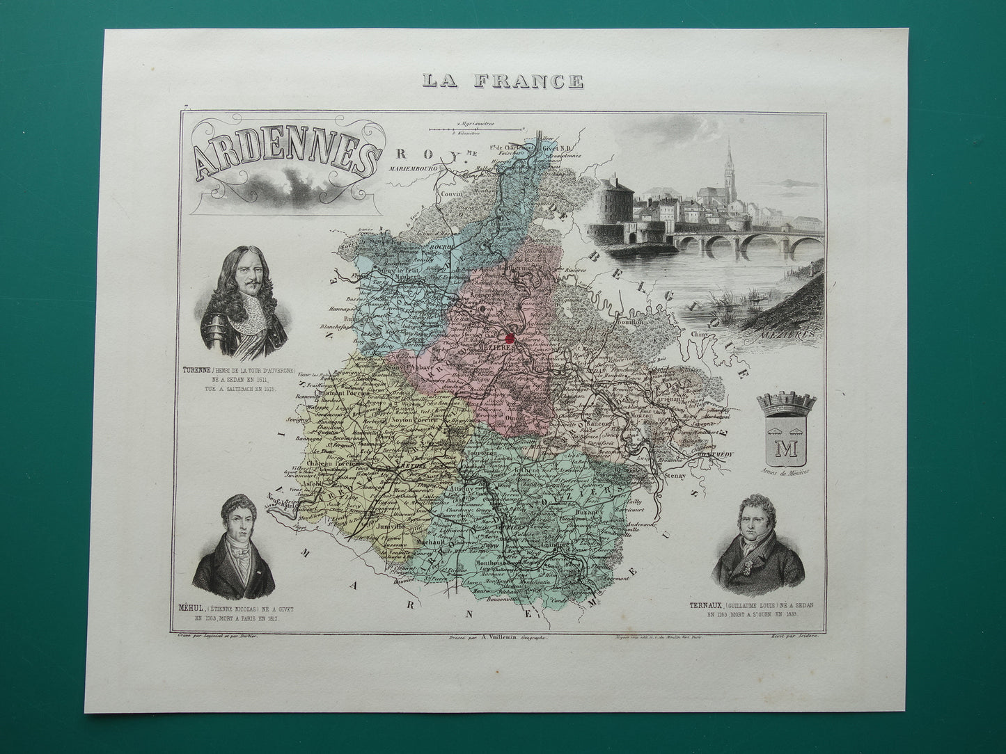 Oude kaart van Ardennes departement in Frankrijk uit 1882 originele antieke handgekleurde landkaart Charleville Mezieres Rethel Sedan Revin Ardennen