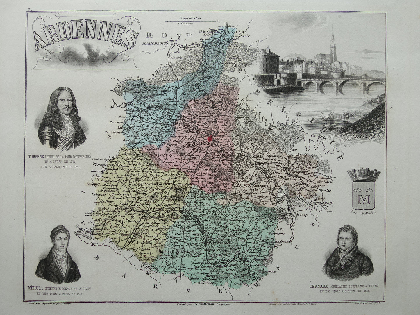Oude kaart van Ardennes departement in Frankrijk uit 1882 originele antieke handgekleurde landkaart Charleville Mezieres Rethel Sedan Revin Ardennen