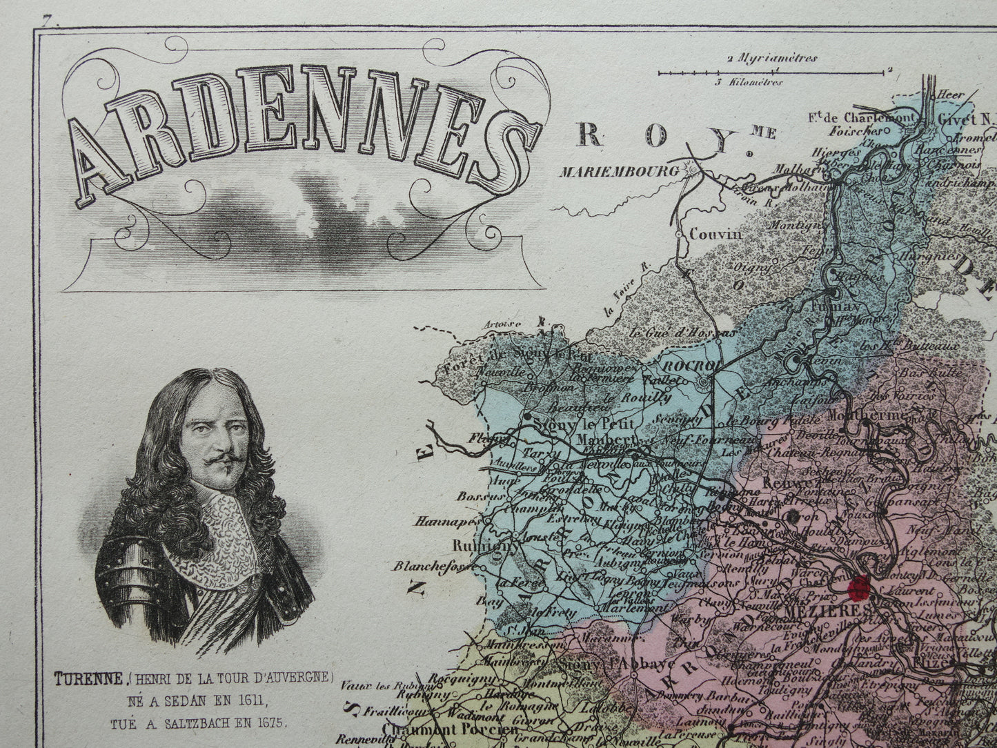 Oude kaart van Ardennes departement in Frankrijk uit 1882 originele antieke handgekleurde landkaart Charleville Mezieres Rethel Sedan Revin Ardennen