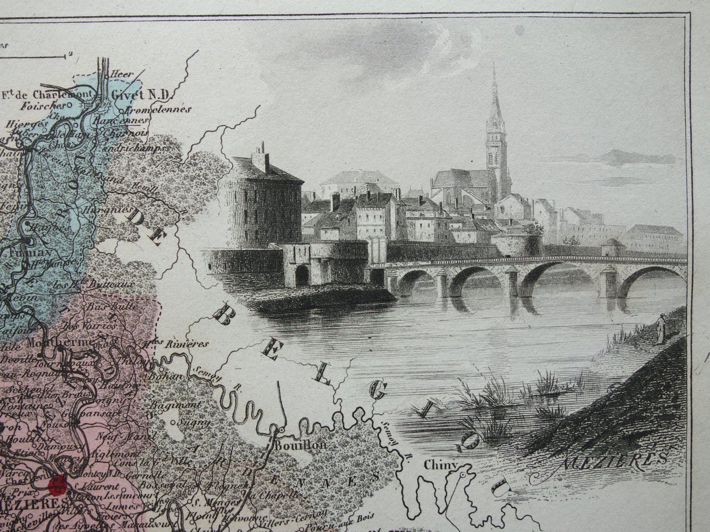 Oude kaart van Ardennes departement in Frankrijk uit 1882 originele antieke handgekleurde landkaart Charleville Mezieres Rethel Sedan Revin Ardennen