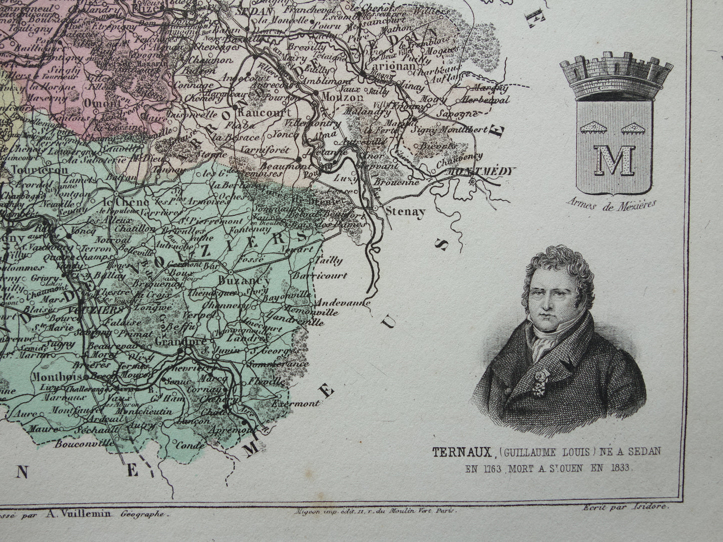 Oude kaart van Ardennes departement in Frankrijk uit 1882 originele antieke handgekleurde landkaart Charleville Mezieres Rethel Sedan Revin Ardennen