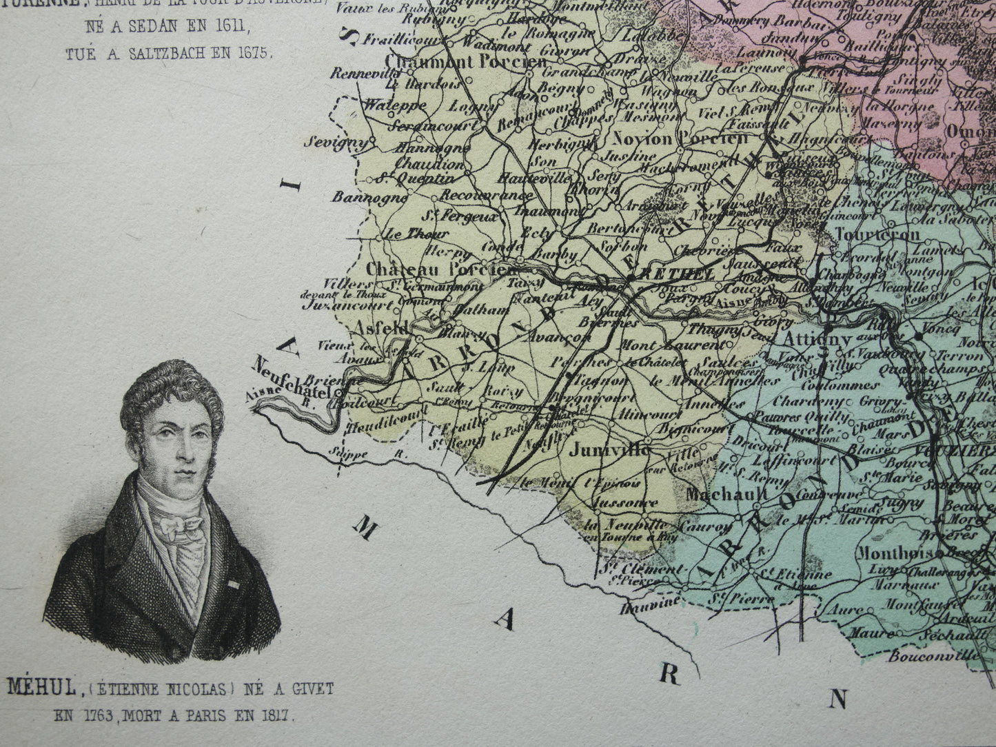 Oude kaart van Ardennes departement in Frankrijk uit 1882 originele antieke handgekleurde landkaart Charleville Mezieres Rethel Sedan Revin Ardennen