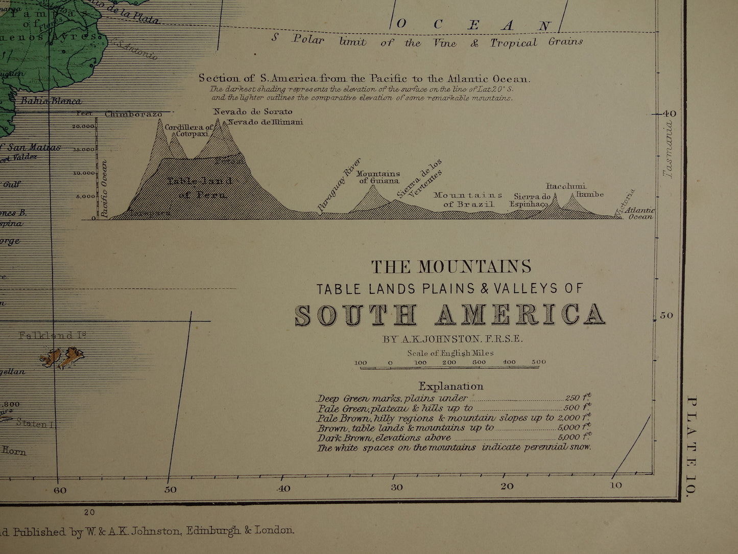 South America antique map of South America 140+ year old map of continent from 1879 - original vintage elevation map