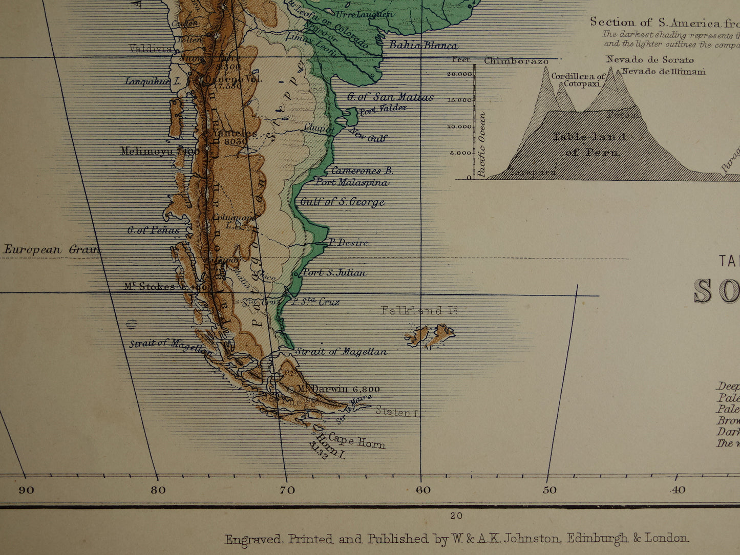 South America antique map of South America 140+ year old map of continent from 1879 - original vintage elevation map