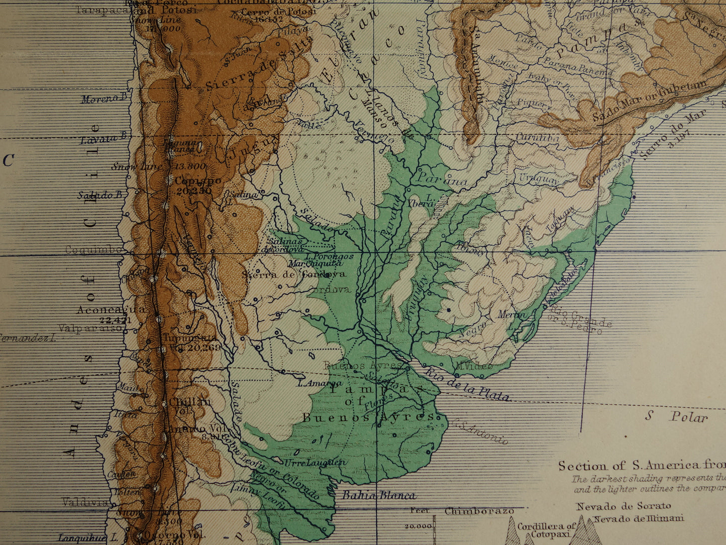 South America antique map of South America 140+ year old map of continent from 1879 - original vintage elevation map