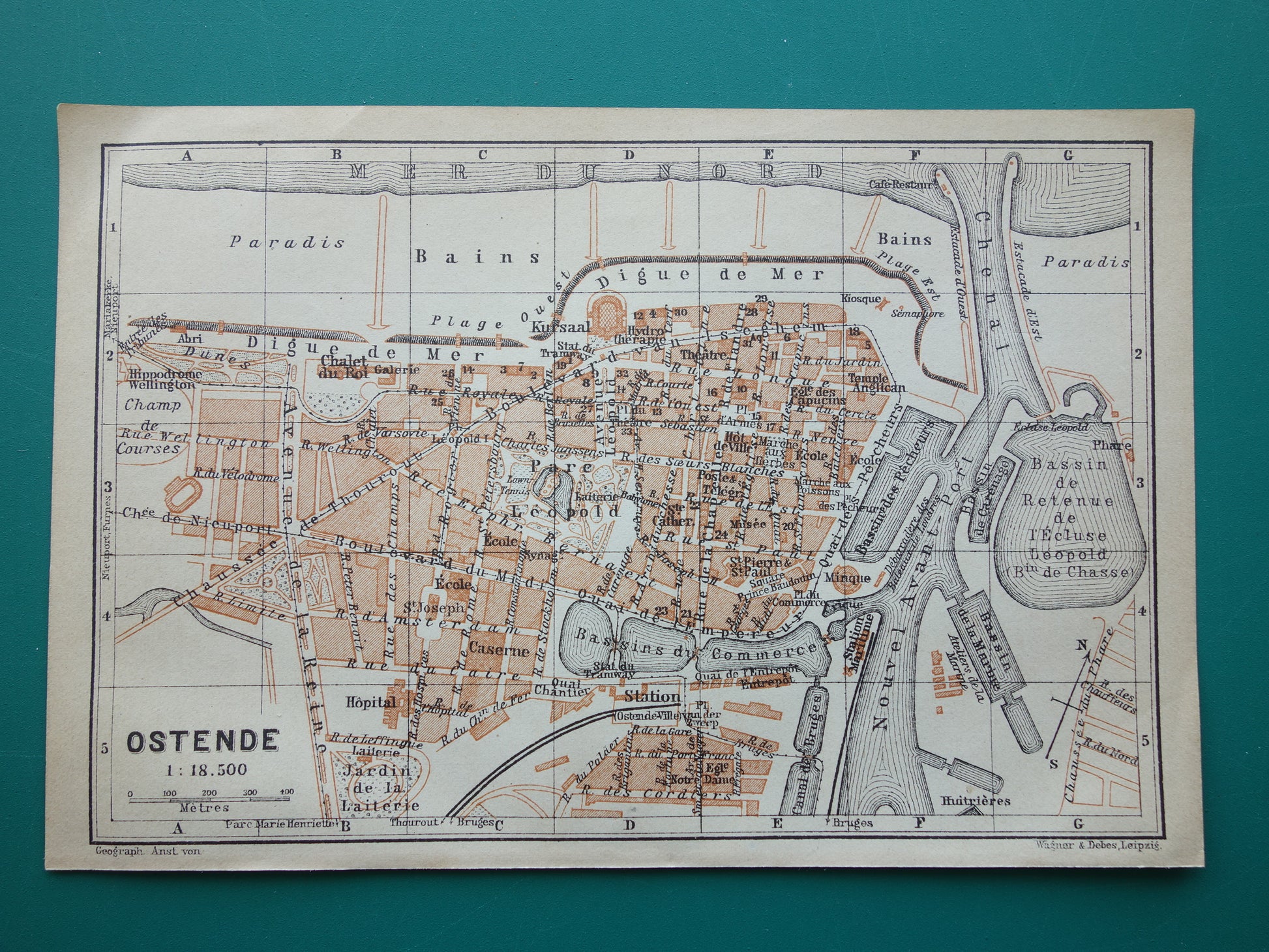 OOSTENDE oude kaart van Ostende België uit 1904 kleine originele antieke plattegrond landkaart