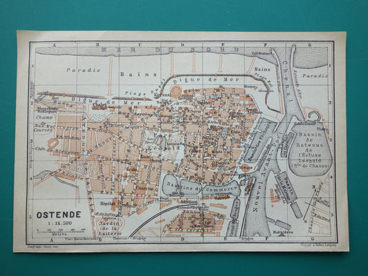 OOSTENDE oude kaart van Ostende België uit 1904 kleine originele antieke plattegrond landkaart