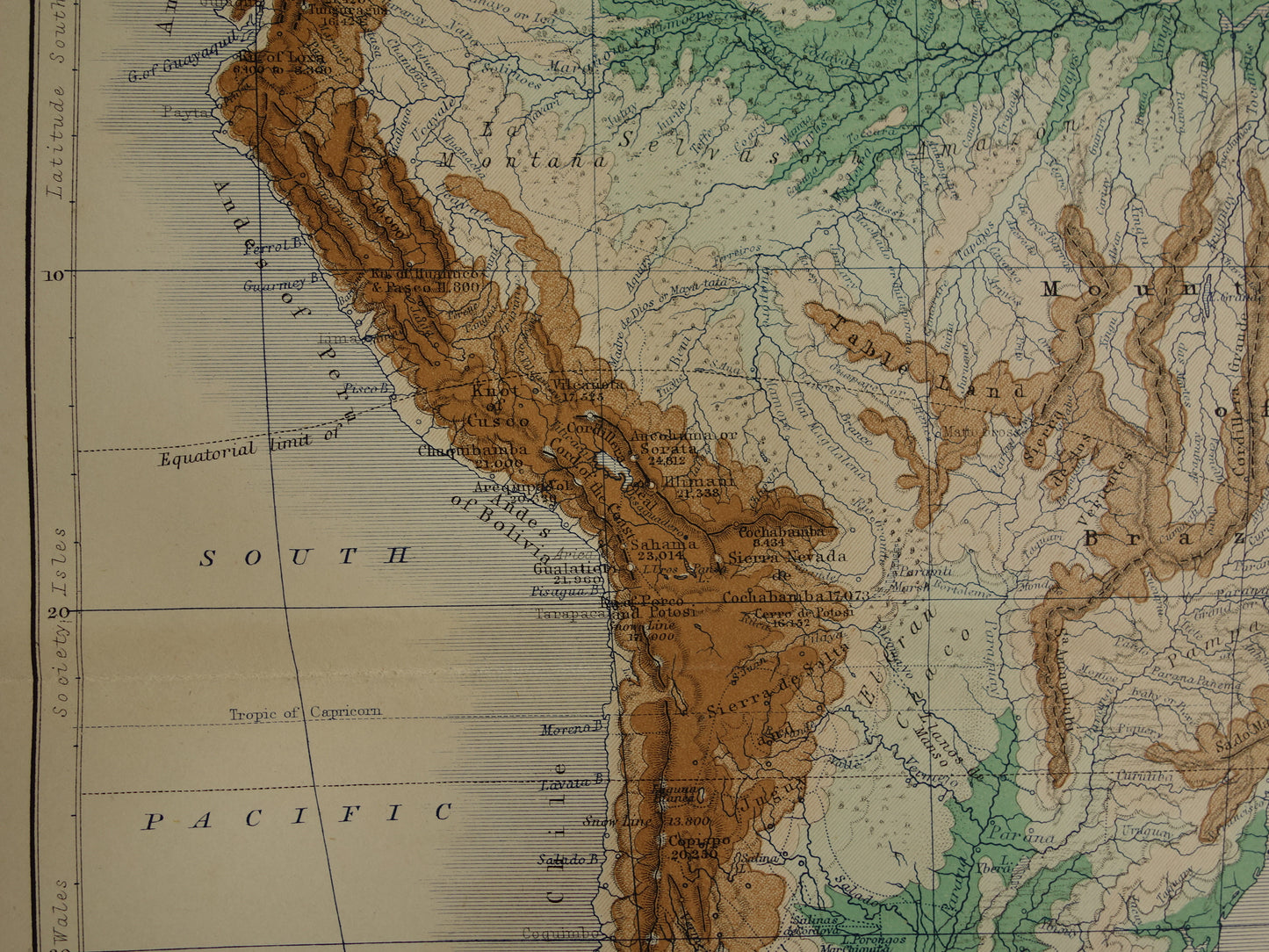 South America antique map of South America 140+ year old map of continent from 1879 - original vintage elevation map