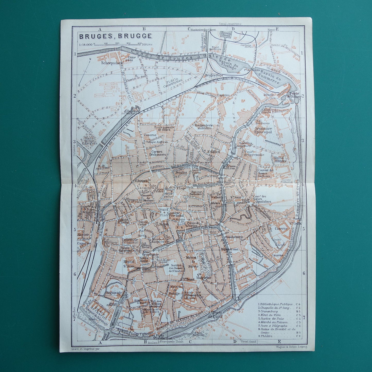 Brugge in het jaar 1910 kleine antieke historische kaart