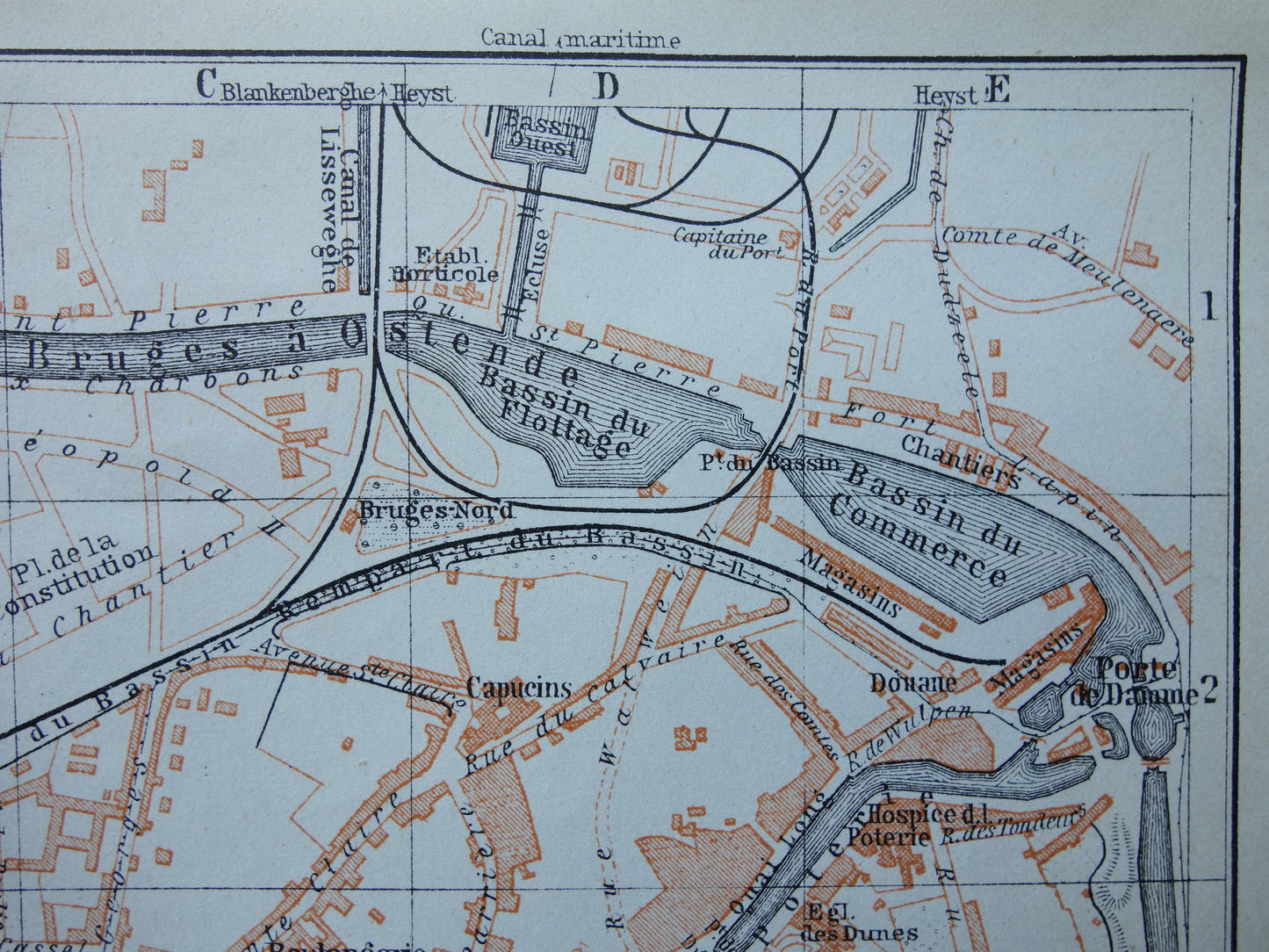 BRUGGE old map of Bruges Belgium from 1910 small original antique map map