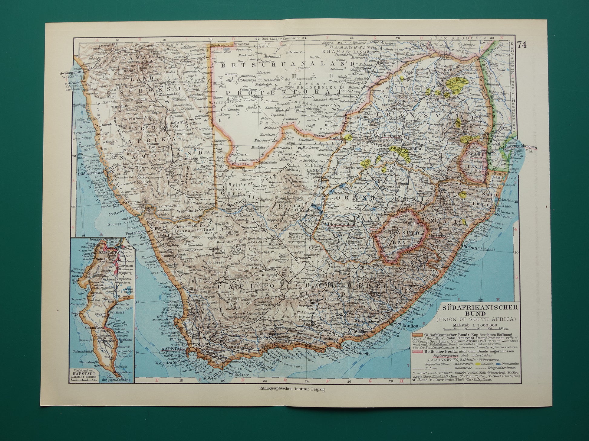 Oude kaart van Zuid-Afrika in 1928 originele Duitse vintage historische landkaart Zuid Afrikaanse Bond