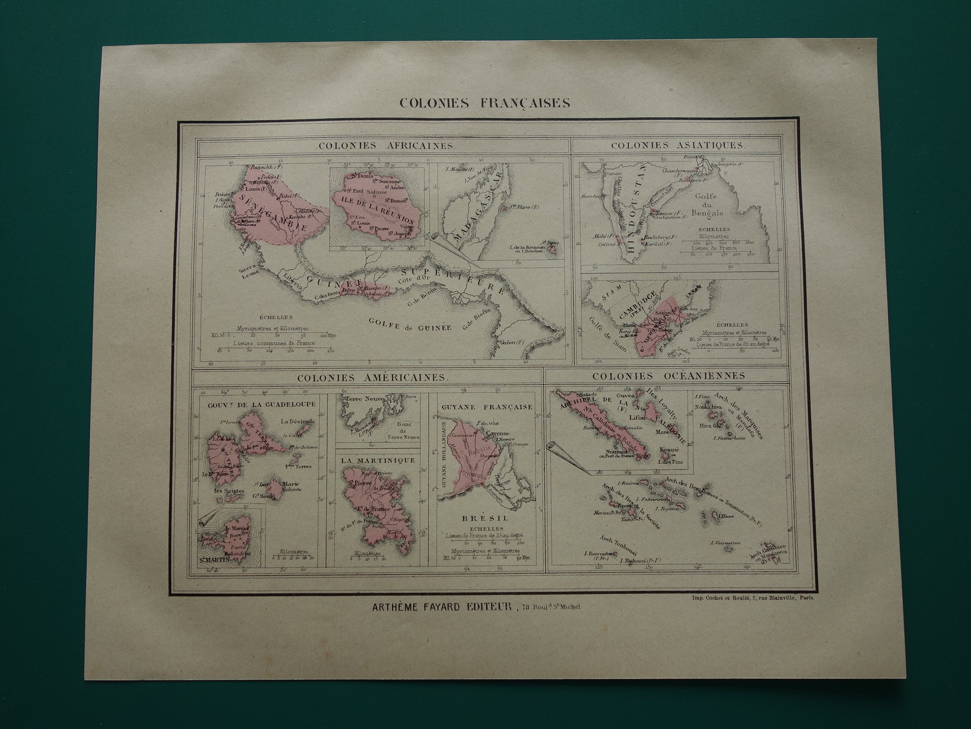 Oude kaart van Franse Koloniën uit 1877