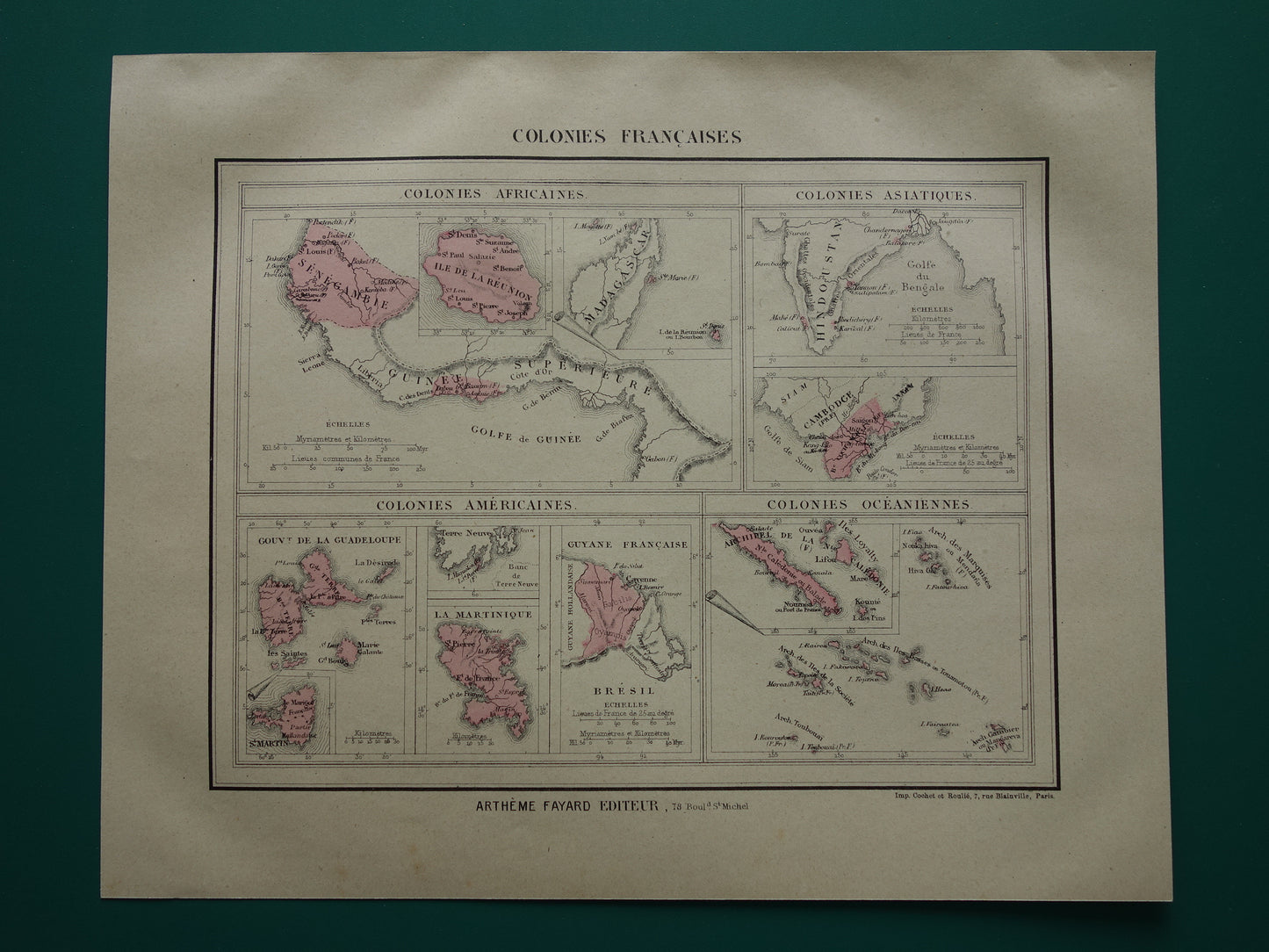 Old map of French Colonies from 1877 original 145+ year old hand-colored map Colony France