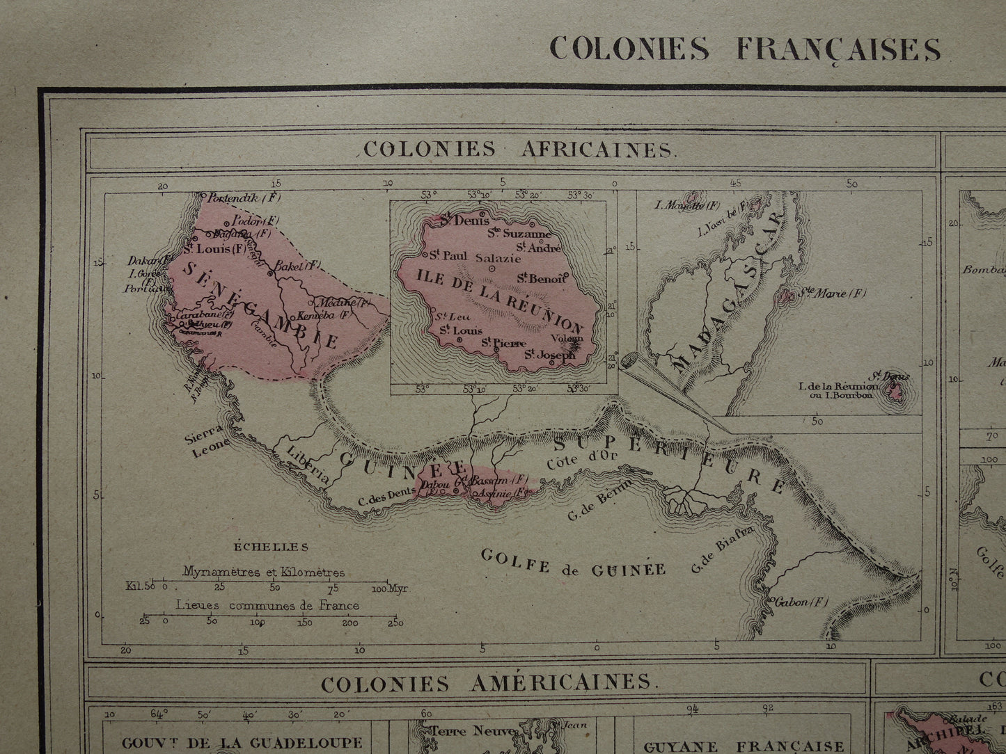 Old map of French Colonies from 1877 original 145+ year old hand-colored map Colony France