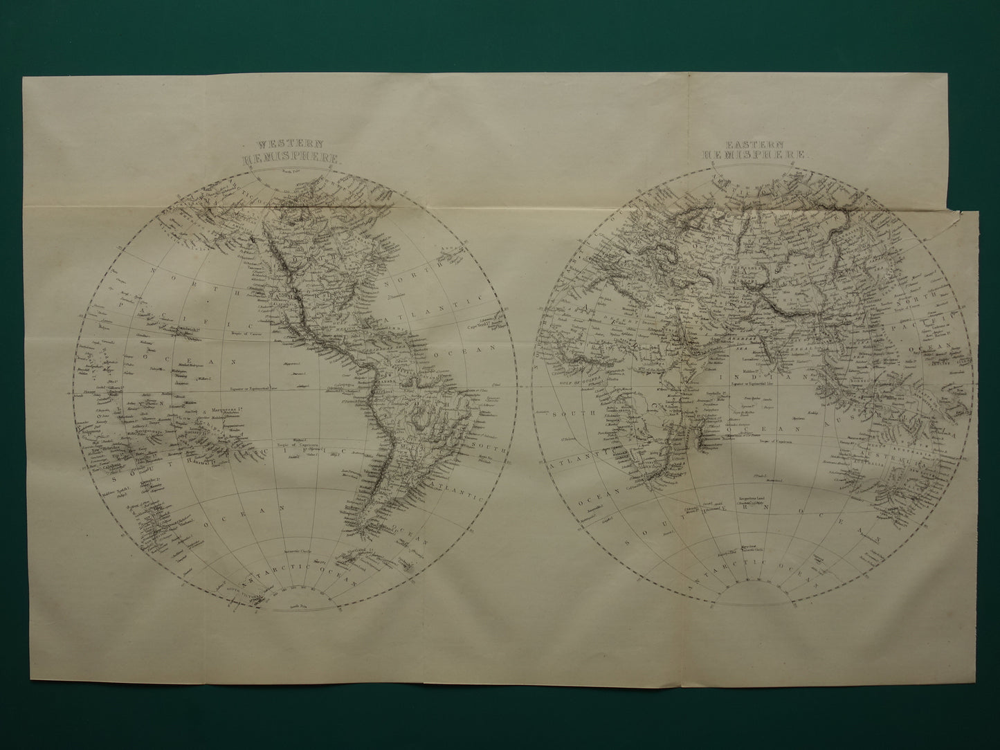 WORLD MAP old map of the World from 1860 Original antique English map b/w