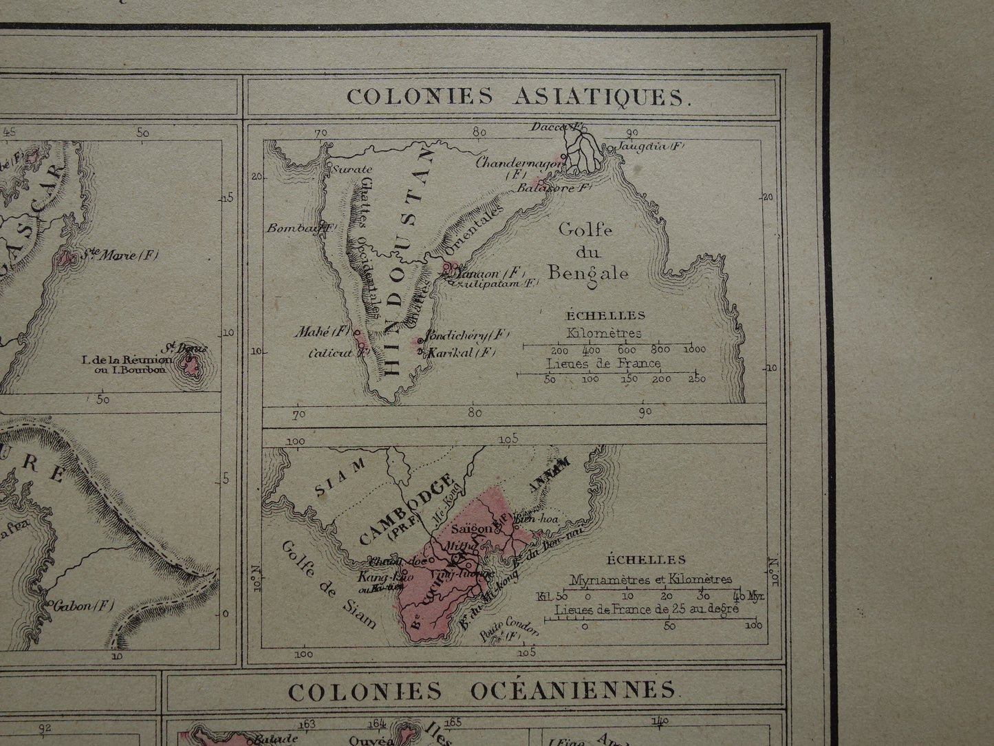 Old map of French Colonies from 1877 original 145+ year old hand-colored map Colony France