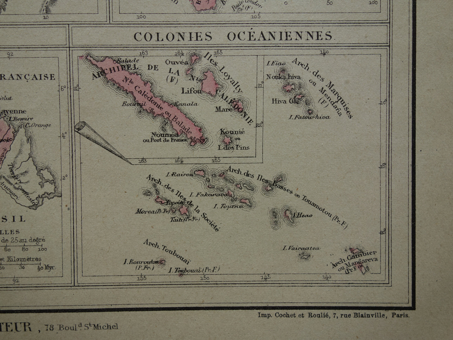 Old map of French Colonies from 1877 original 145+ year old hand-colored map Colony France
