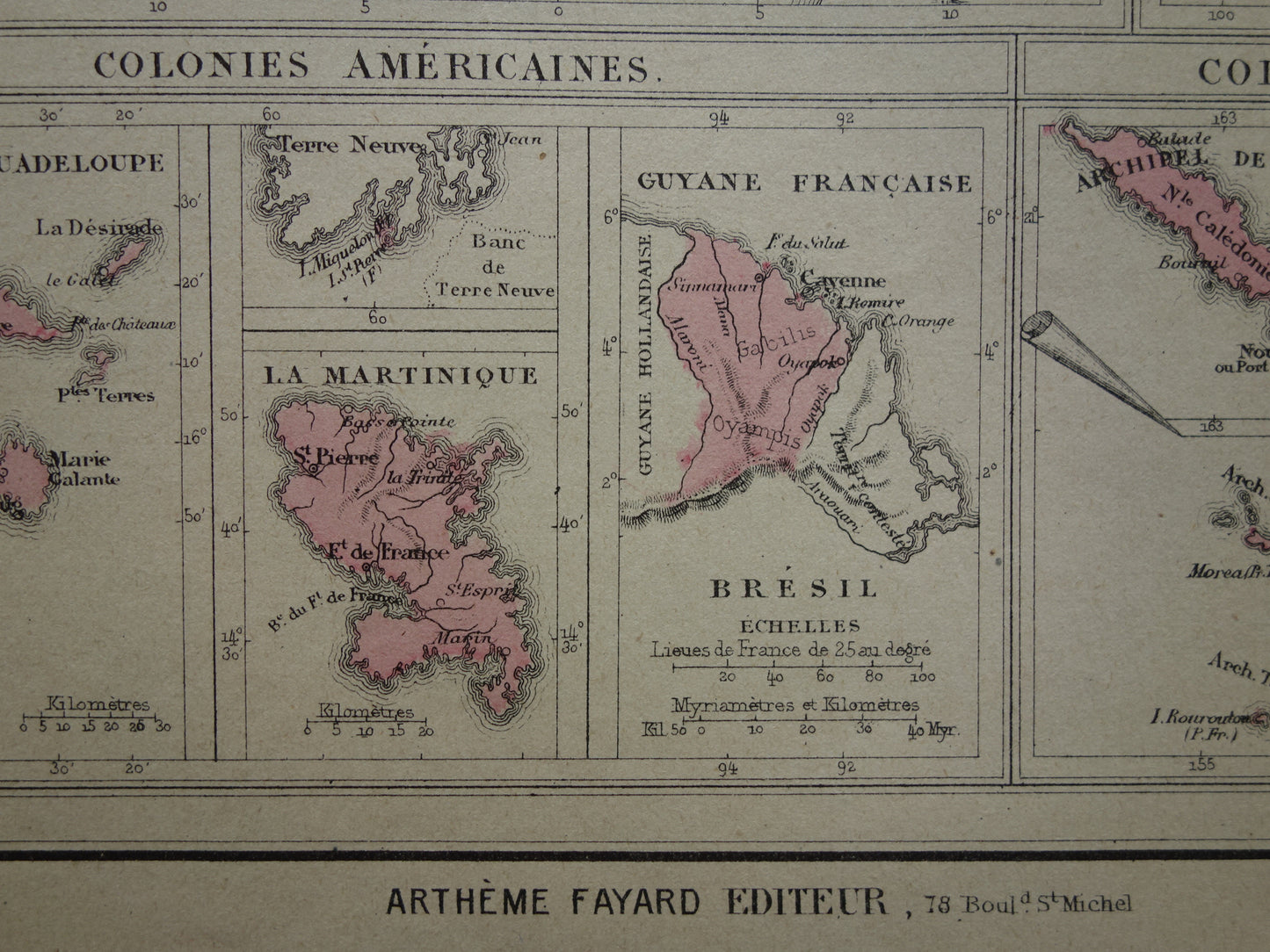 Old map of French Colonies from 1877 original 145+ year old hand-colored map Colony France