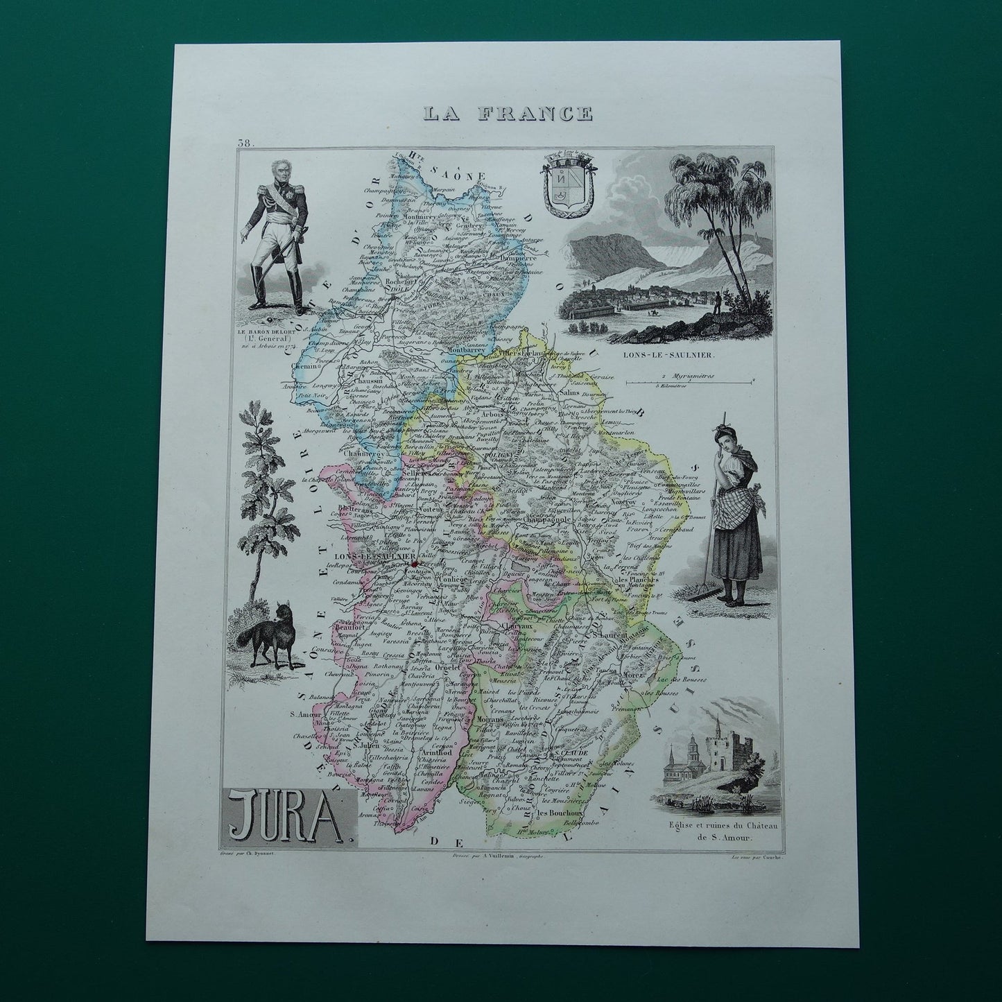 Old map of Jura department in France from 1856 original antique hand-colored map Dole Lons-le-Saunier Saint-Claude