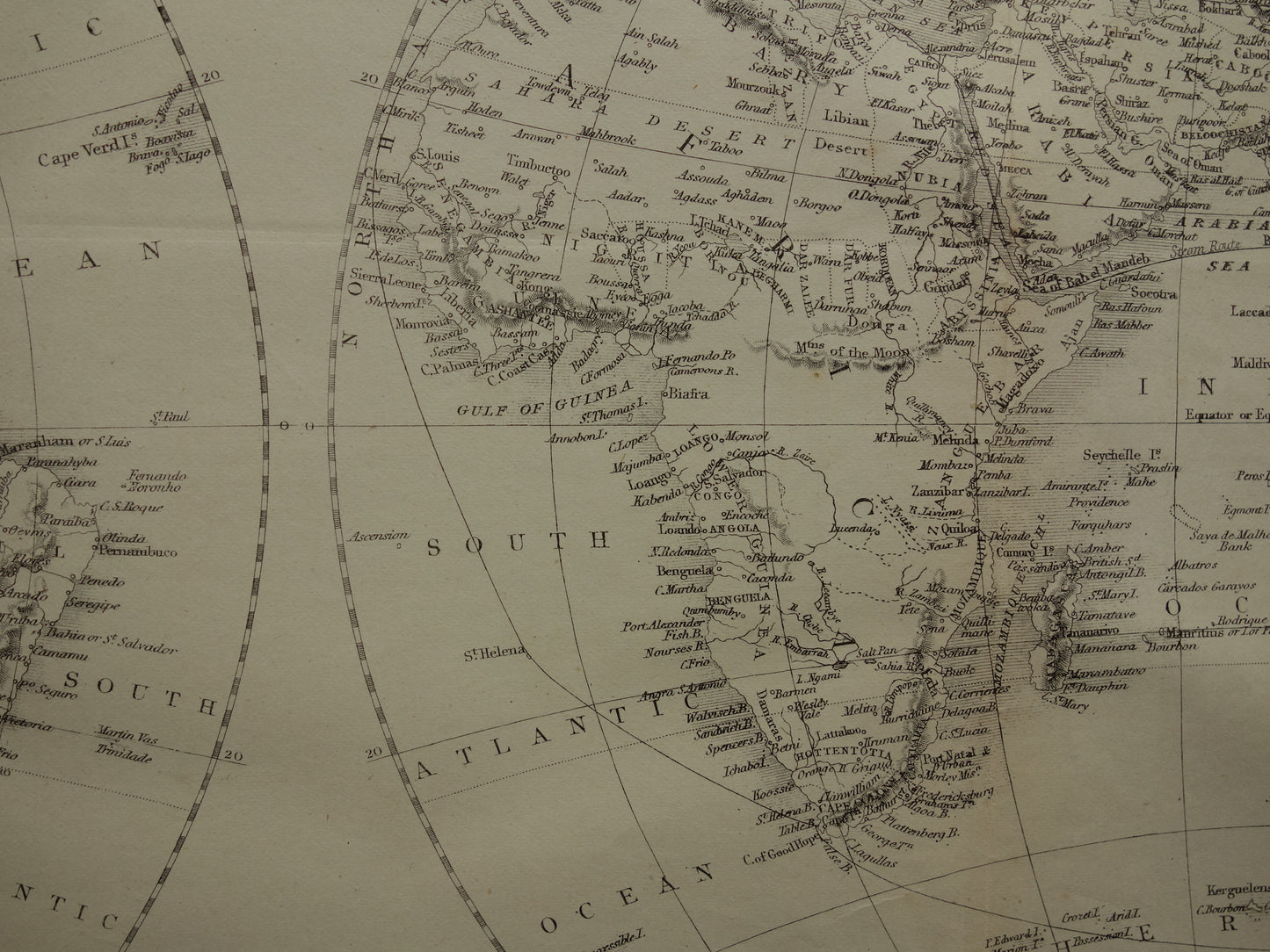 WORLD MAP old map of the World from 1860 Original antique English map b/w