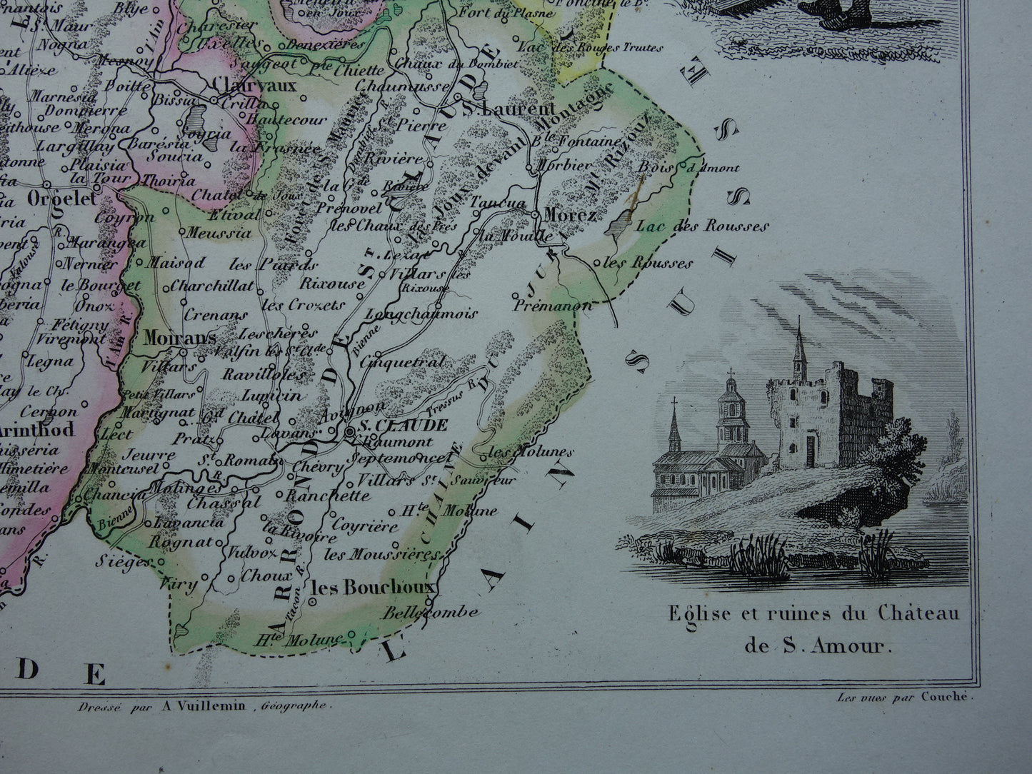 Old map of Jura department in France from 1856 original antique hand-colored map Dole Lons-le-Saunier Saint-Claude