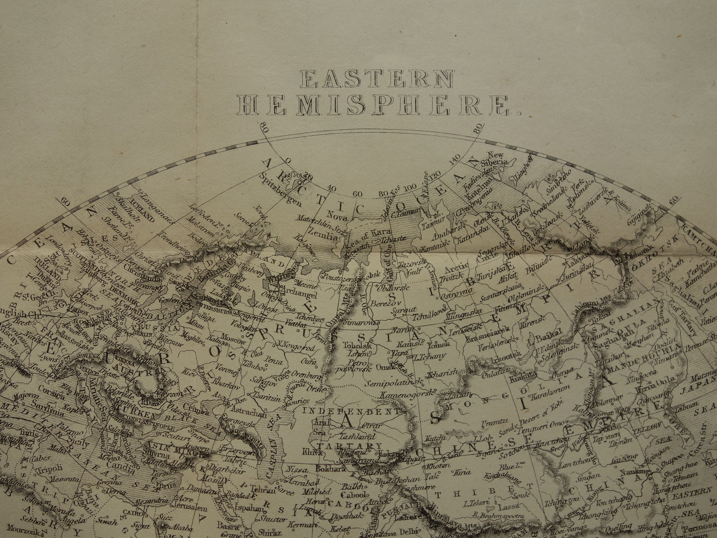 WORLD MAP old map of the World from 1860 Original antique English map b/w