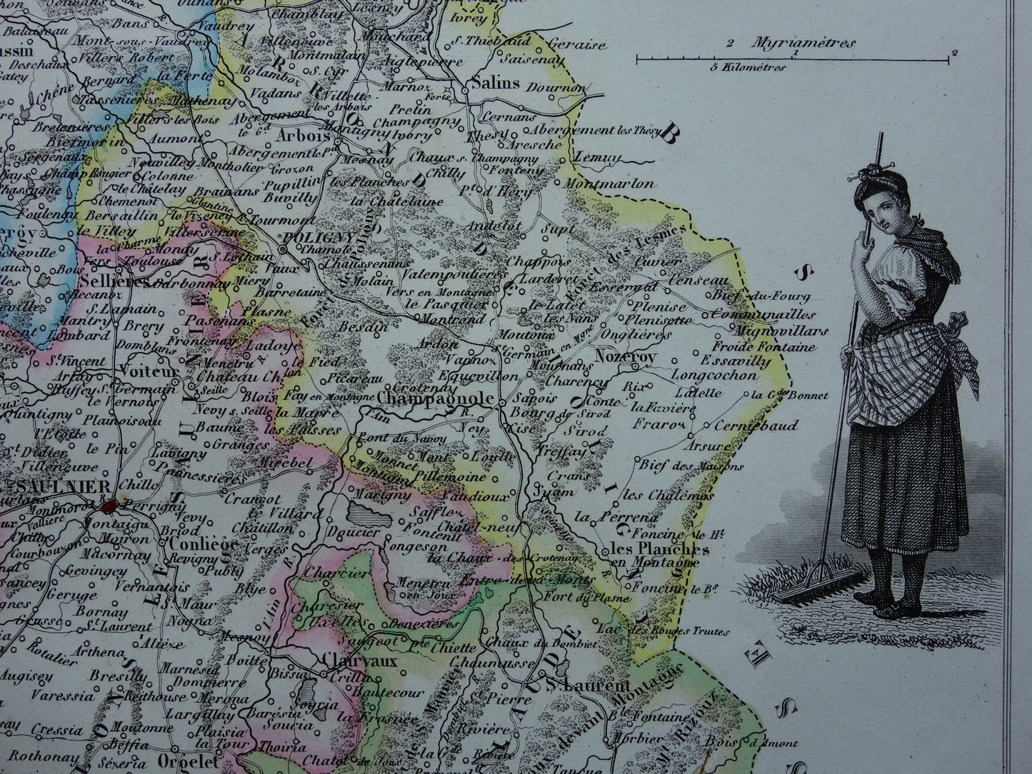 Old map of Jura department in France from 1856 original antique hand-colored map Dole Lons-le-Saunier Saint-Claude