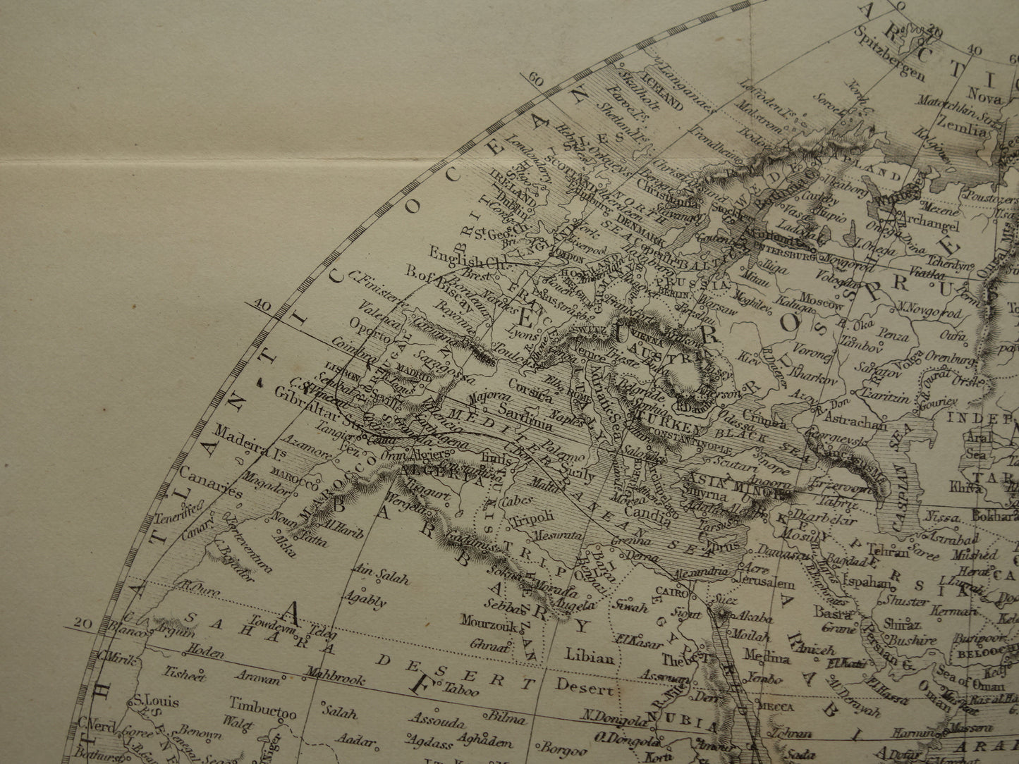 WORLD MAP old map of the World from 1860 Original antique English map b/w