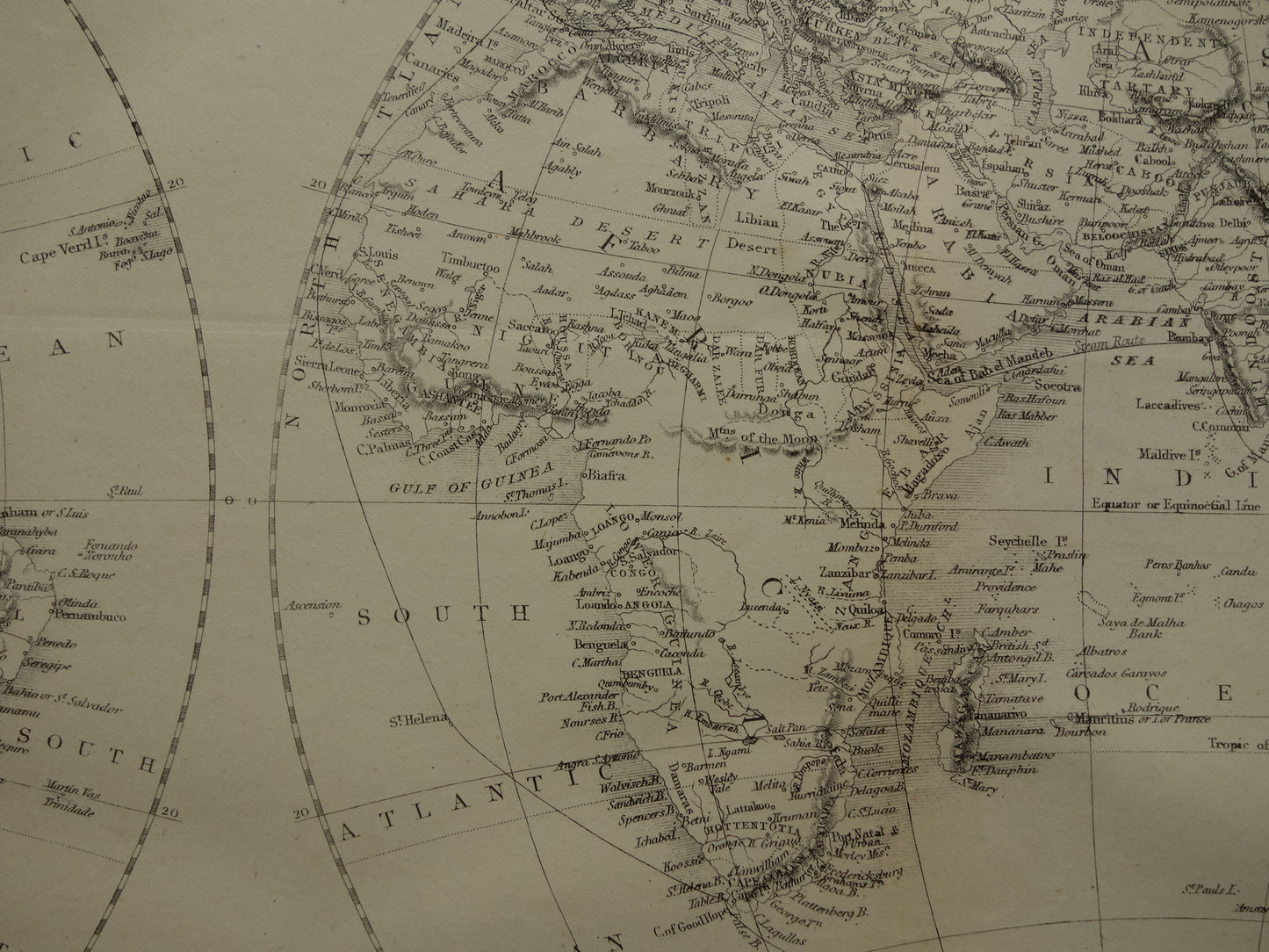 WORLD MAP old map of the World from 1860 Original antique English map b/w
