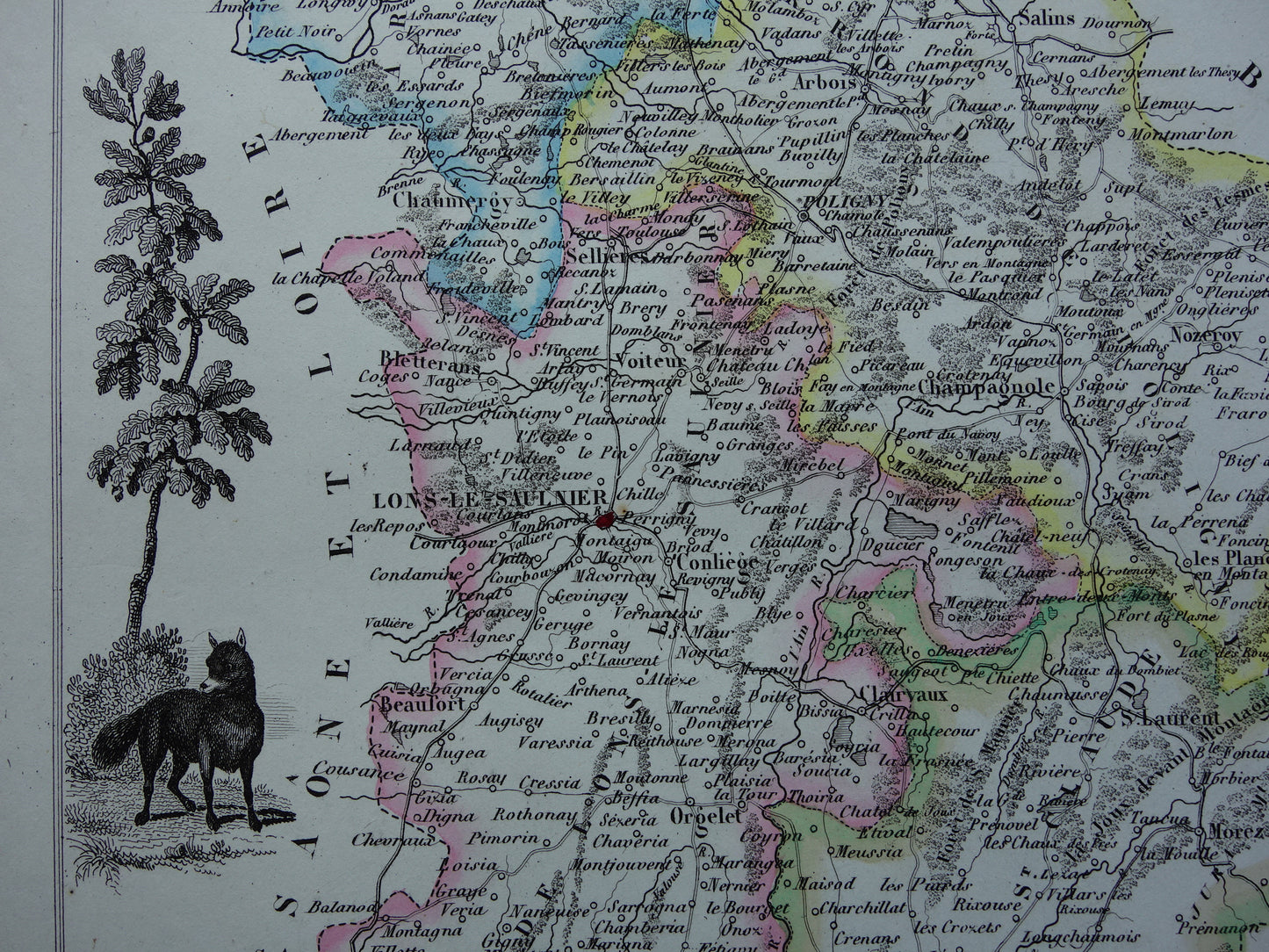 Old map of Jura department in France from 1856 original antique hand-colored map Dole Lons-le-Saunier Saint-Claude