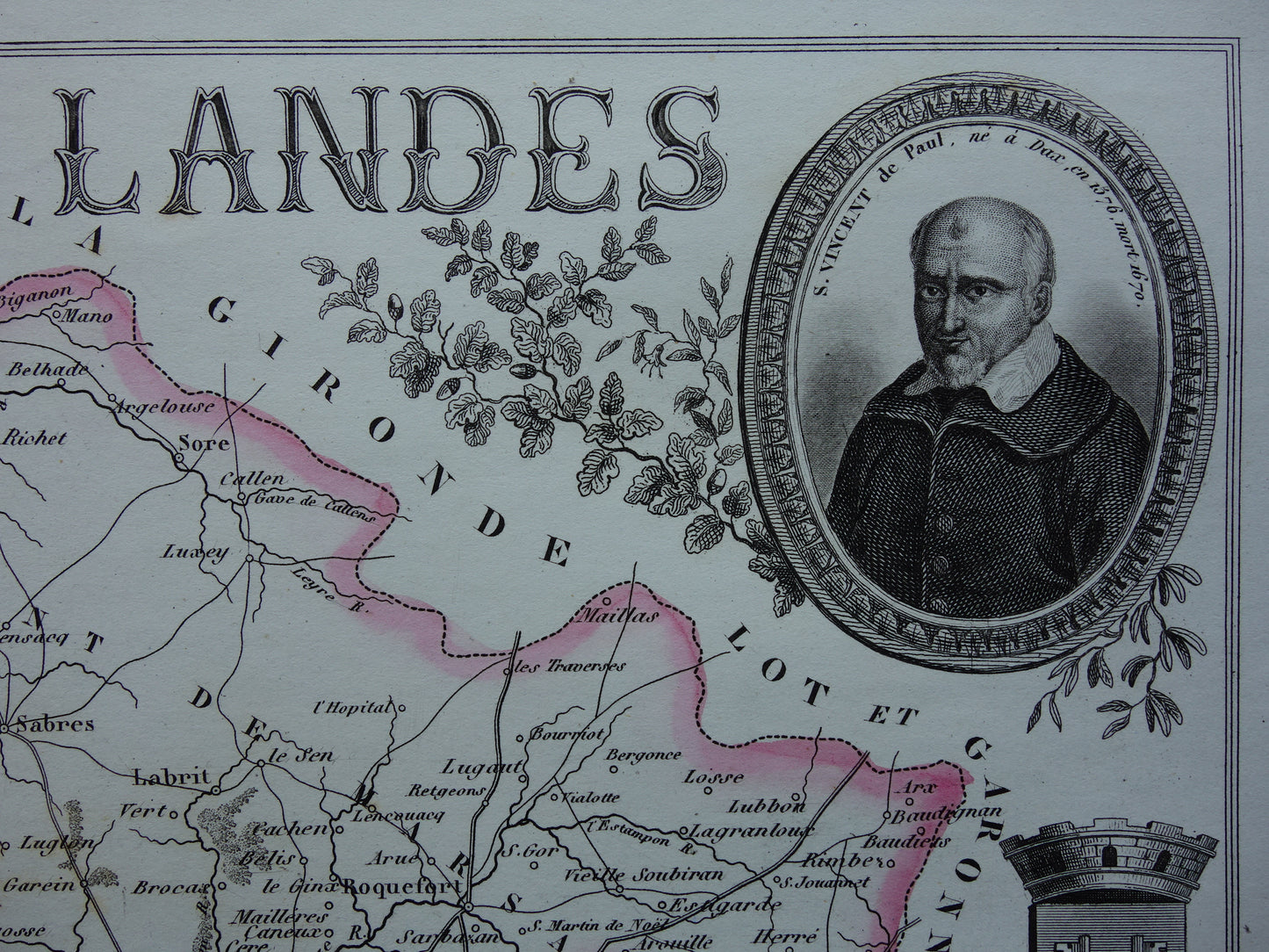 Oude kaart van Landes departement in Frankrijk uit 1856 originele antieke handgekleurde landkaart Mont de Marsan
