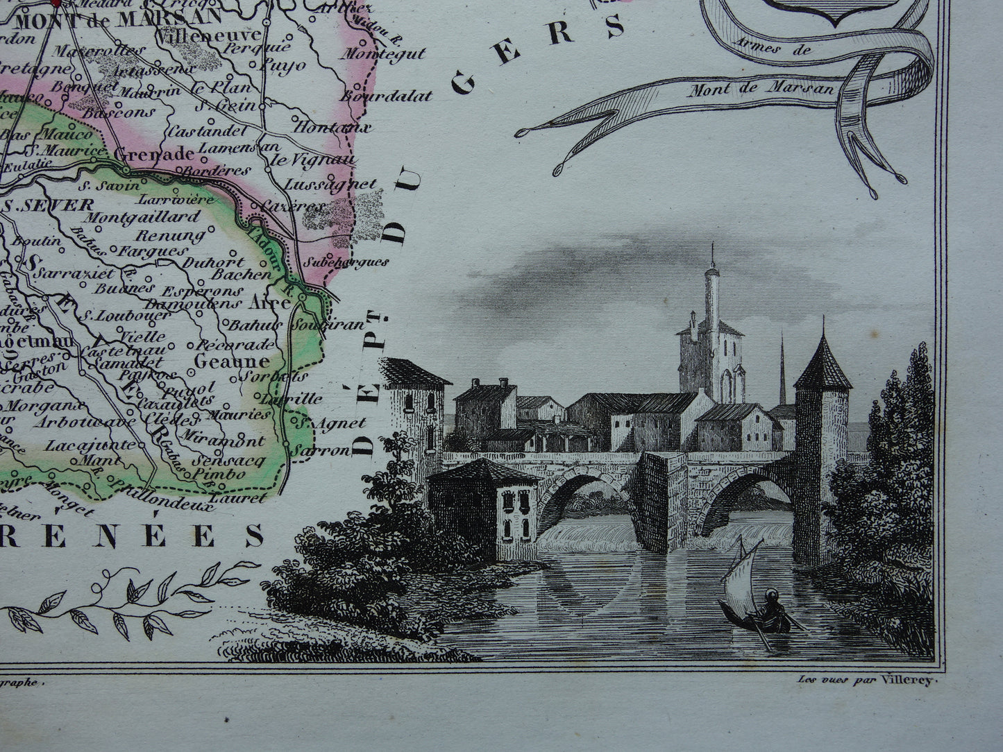 Oude kaart van Landes departement in Frankrijk uit 1856 originele antieke handgekleurde landkaart Mont de Marsan