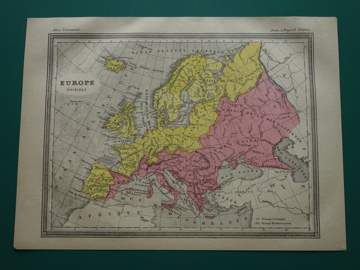 Oude kaart van rivieren in Europa uit 1877 originele antieke handgekleurde landkaart vintage geologie kaarten