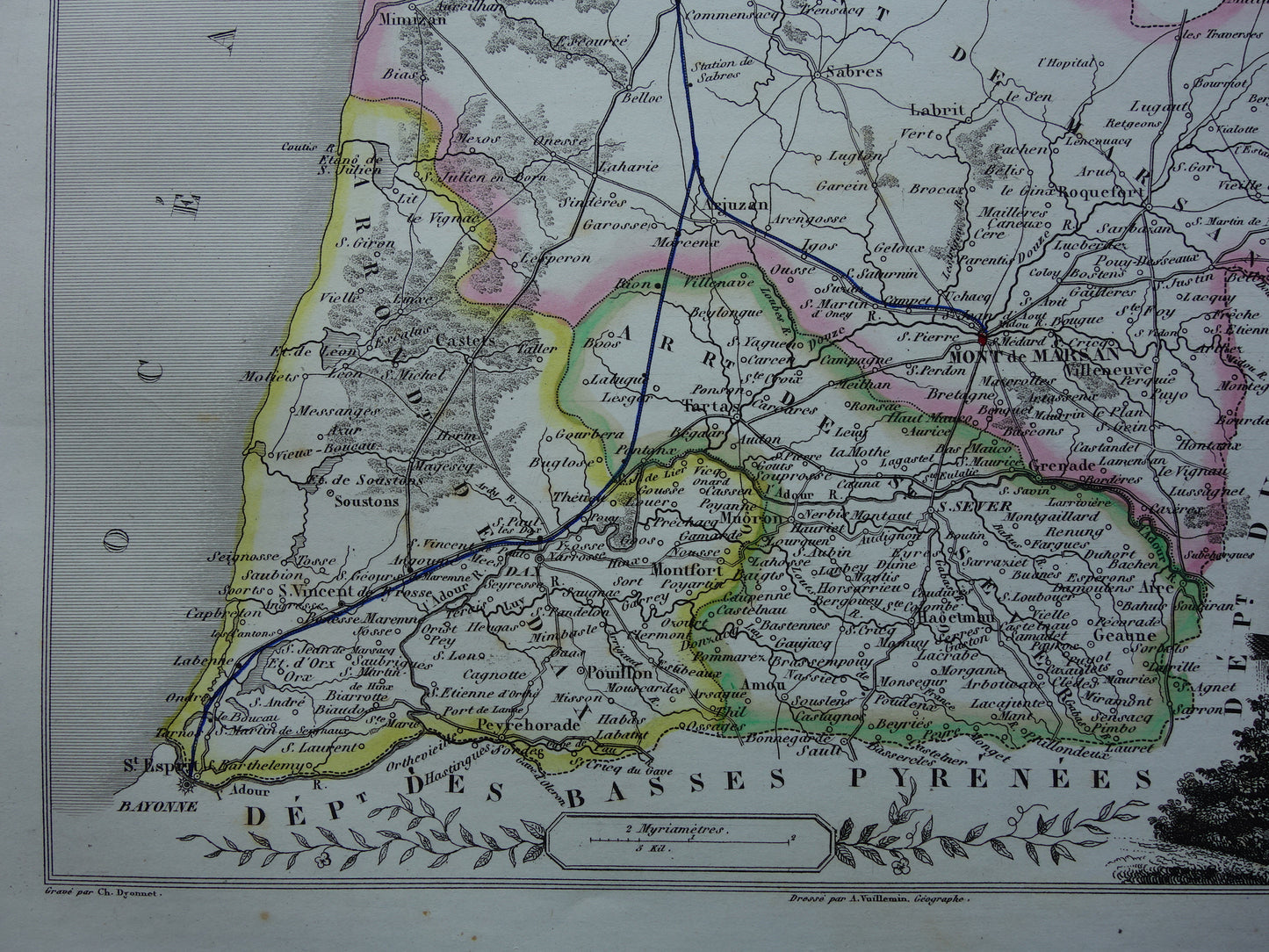 Oude kaart van Landes departement in Frankrijk uit 1856 originele antieke handgekleurde landkaart Mont de Marsan