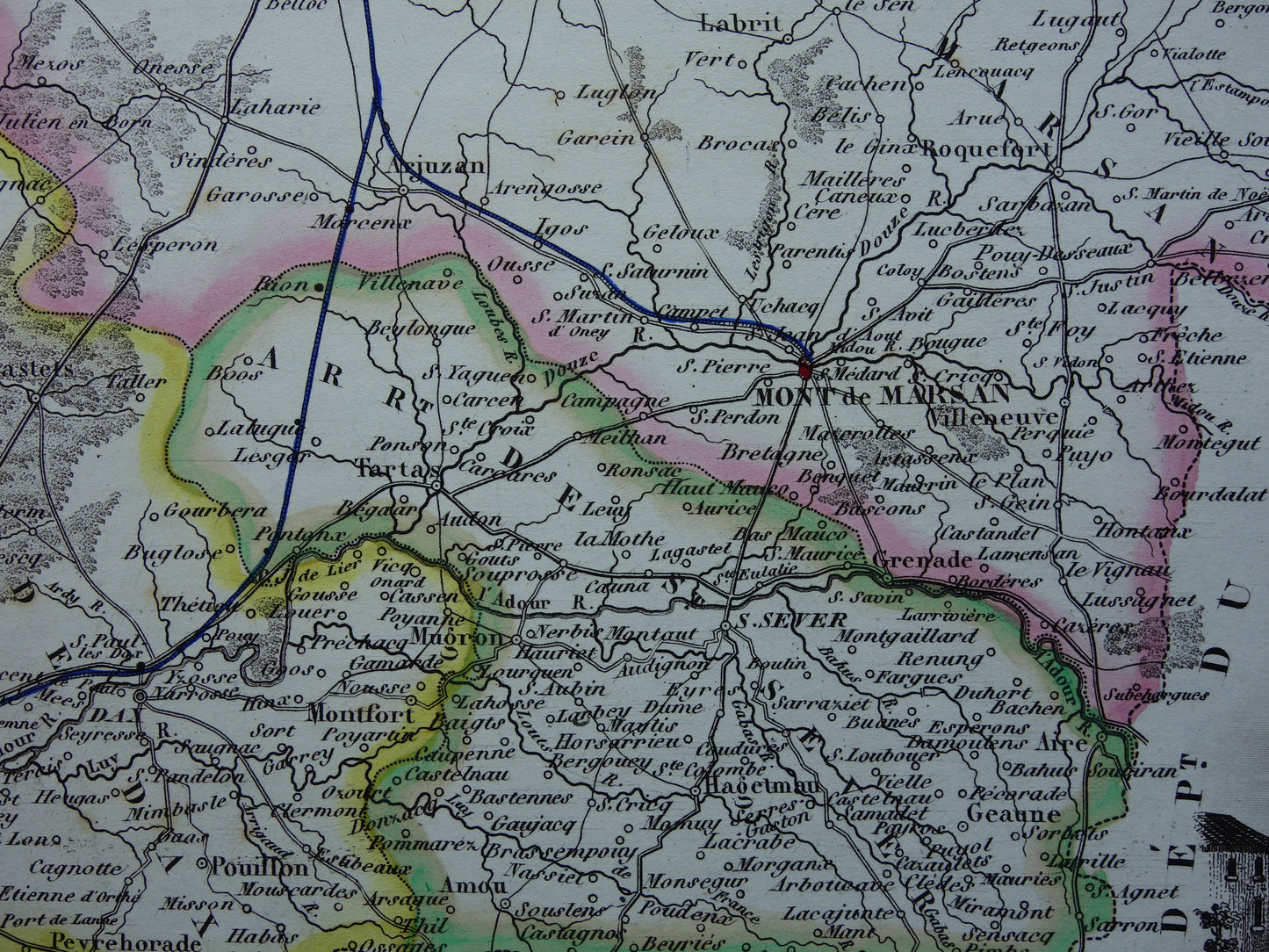 Oude kaart van Landes departement in Frankrijk uit 1856 originele antieke handgekleurde landkaart Mont de Marsan