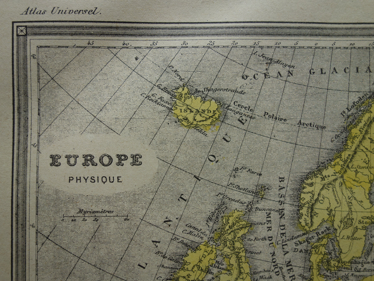 Old map of rivers in Europe from 1877 original antique hand colored map vintage geology maps