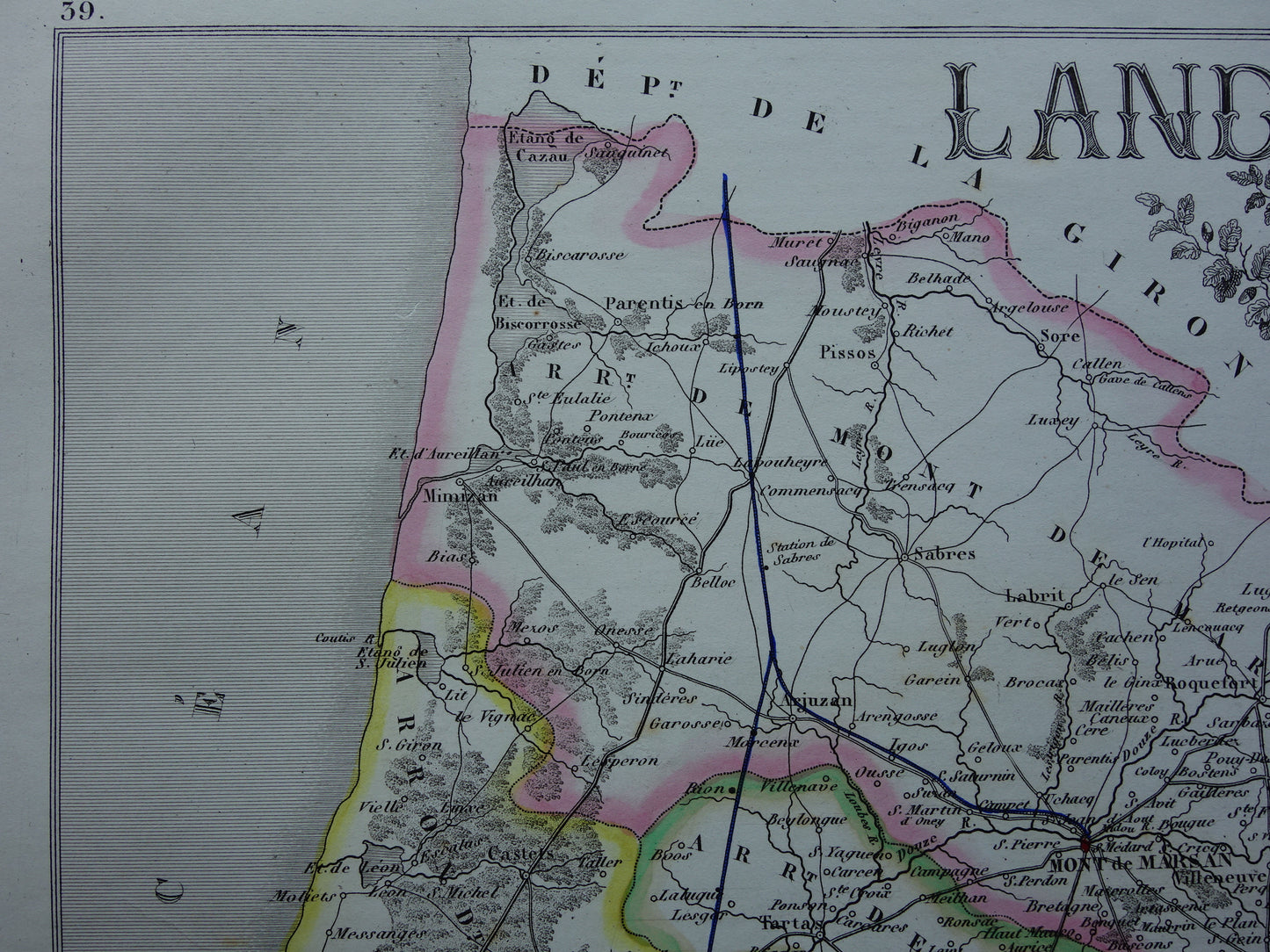 Oude kaart van Landes departement in Frankrijk uit 1856 originele antieke handgekleurde landkaart Mont de Marsan