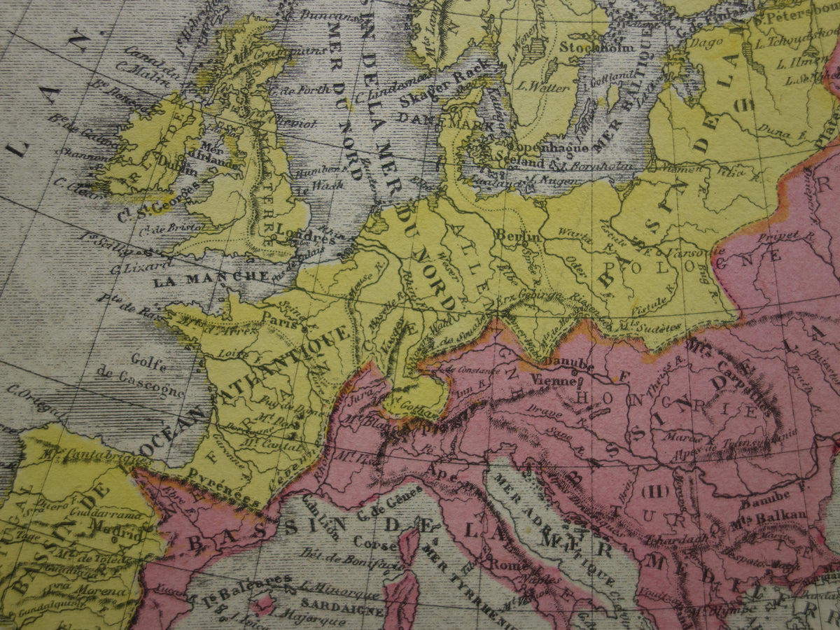 Old map of rivers in Europe from 1877 original antique hand colored map vintage geology maps