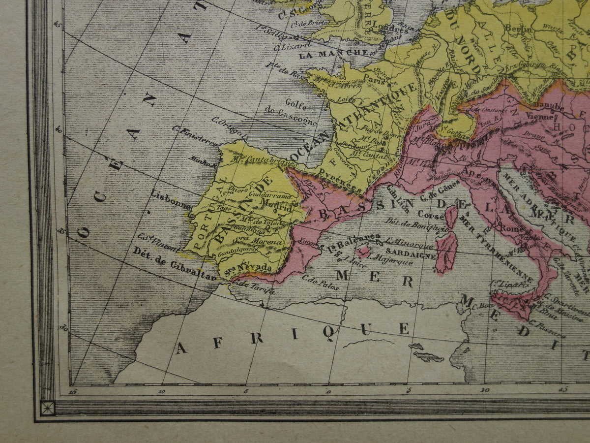 Old map of rivers in Europe from 1877 original antique hand colored map vintage geology maps