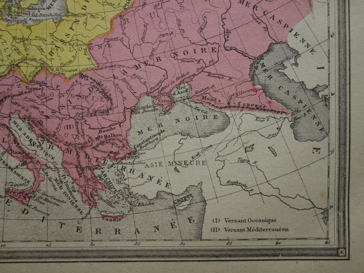 Old map of rivers in Europe from 1877 original antique hand colored map vintage geology maps